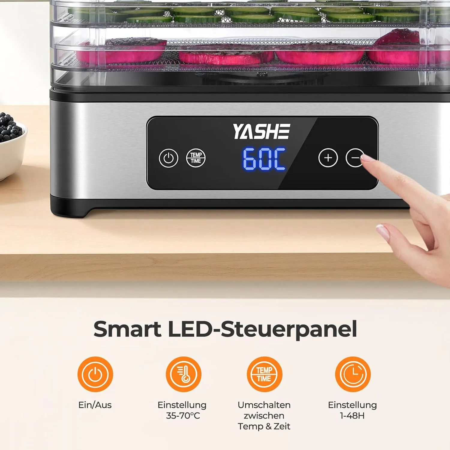 YASHE Déshydrateur Alimentaire 5 Plateaux Inox 400W Silencieux