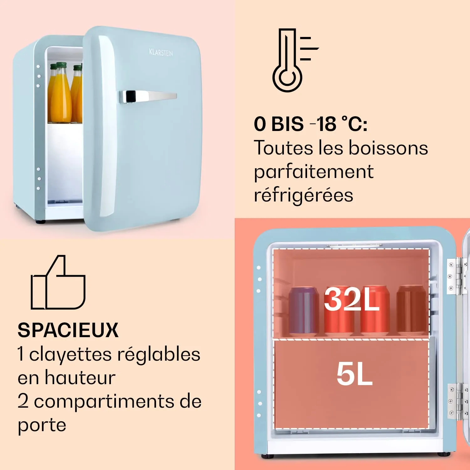 Klarstein mini frigo 32L congélateur 5L chambre bar