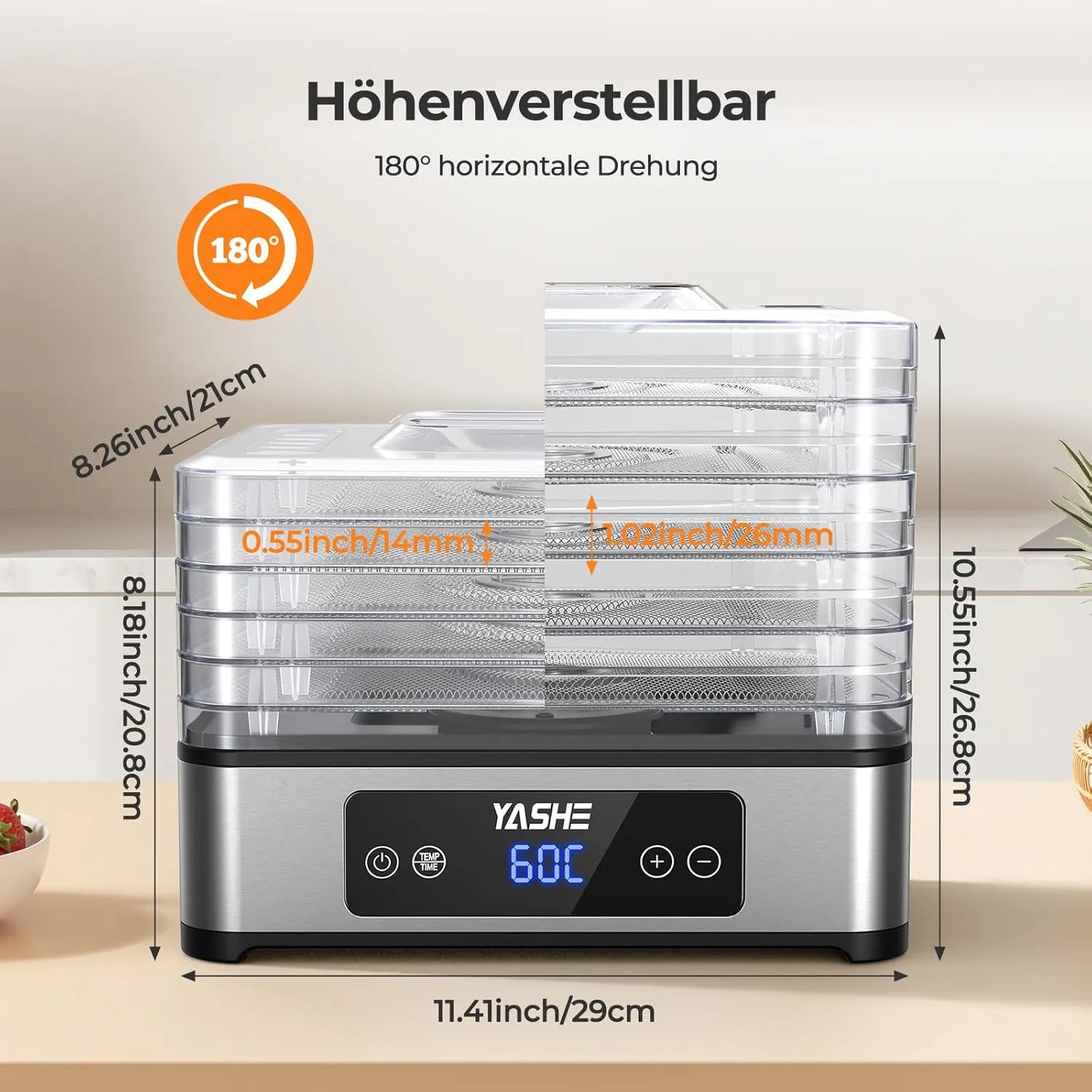 YASHE Déshydrateur Alimentaire 5 Plateaux Inox 400W Silencieux