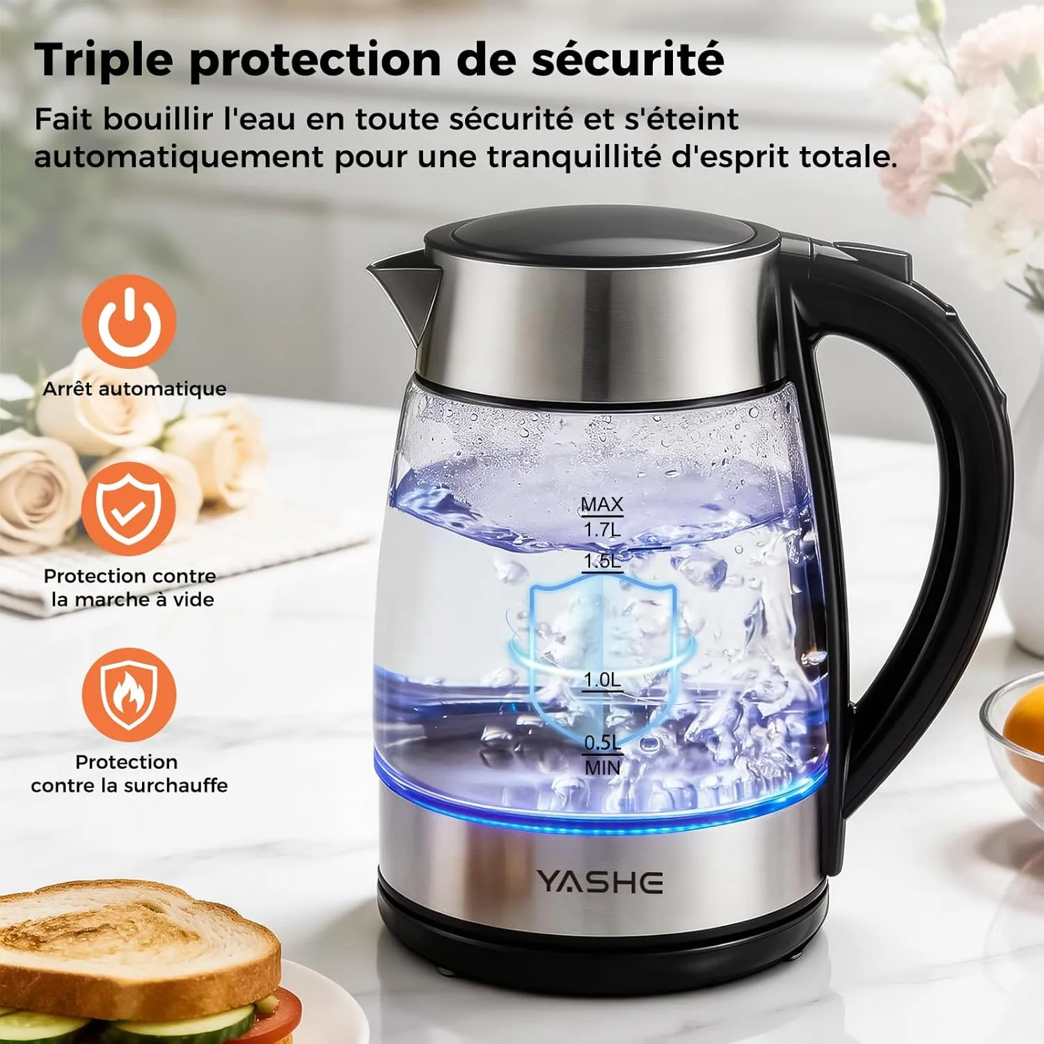 YASHE Bouilloire Verre 1,7L Température Réglable 2200W