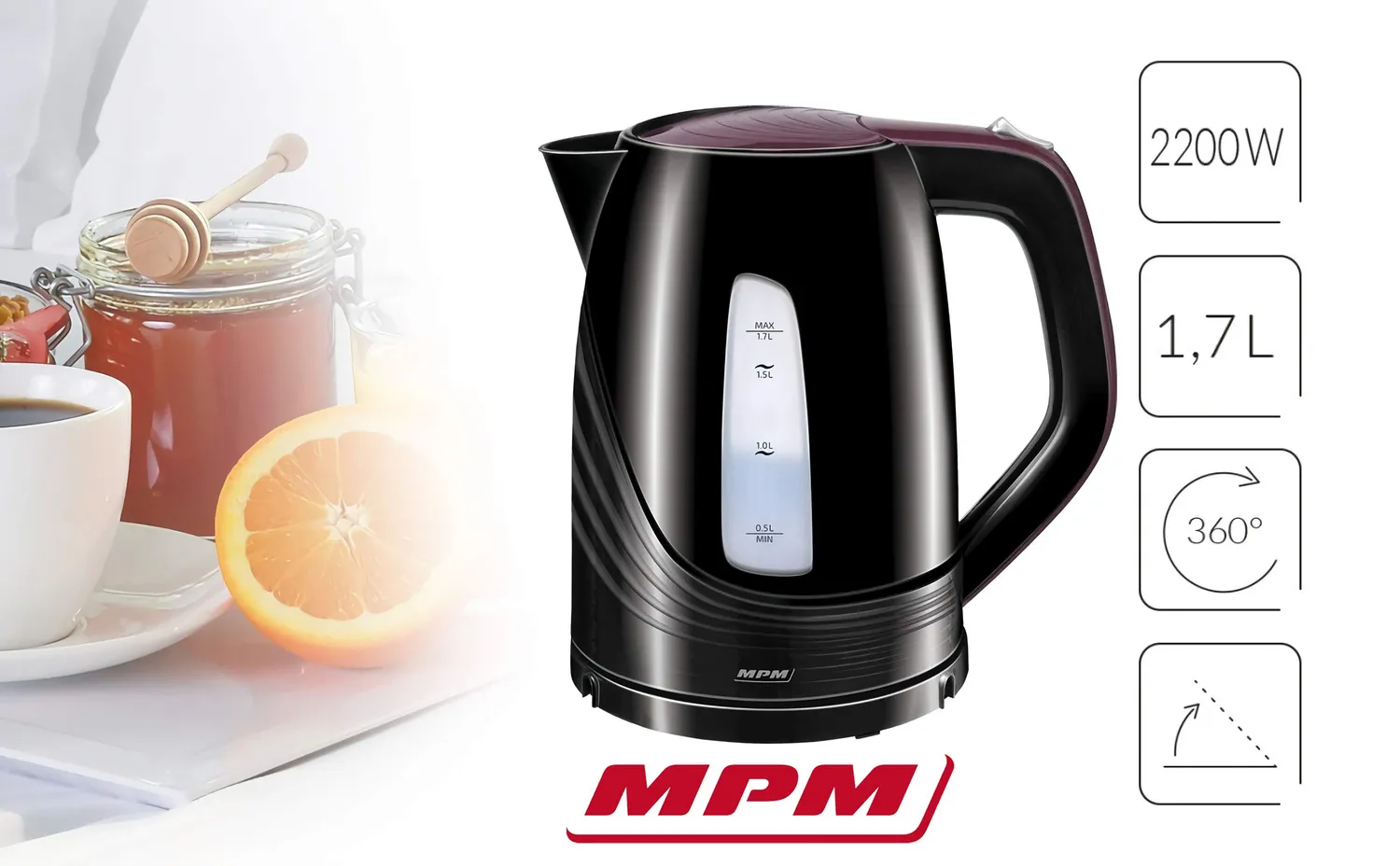 MPM bouilloire électrique 1,7 L noire 2200 W filtre