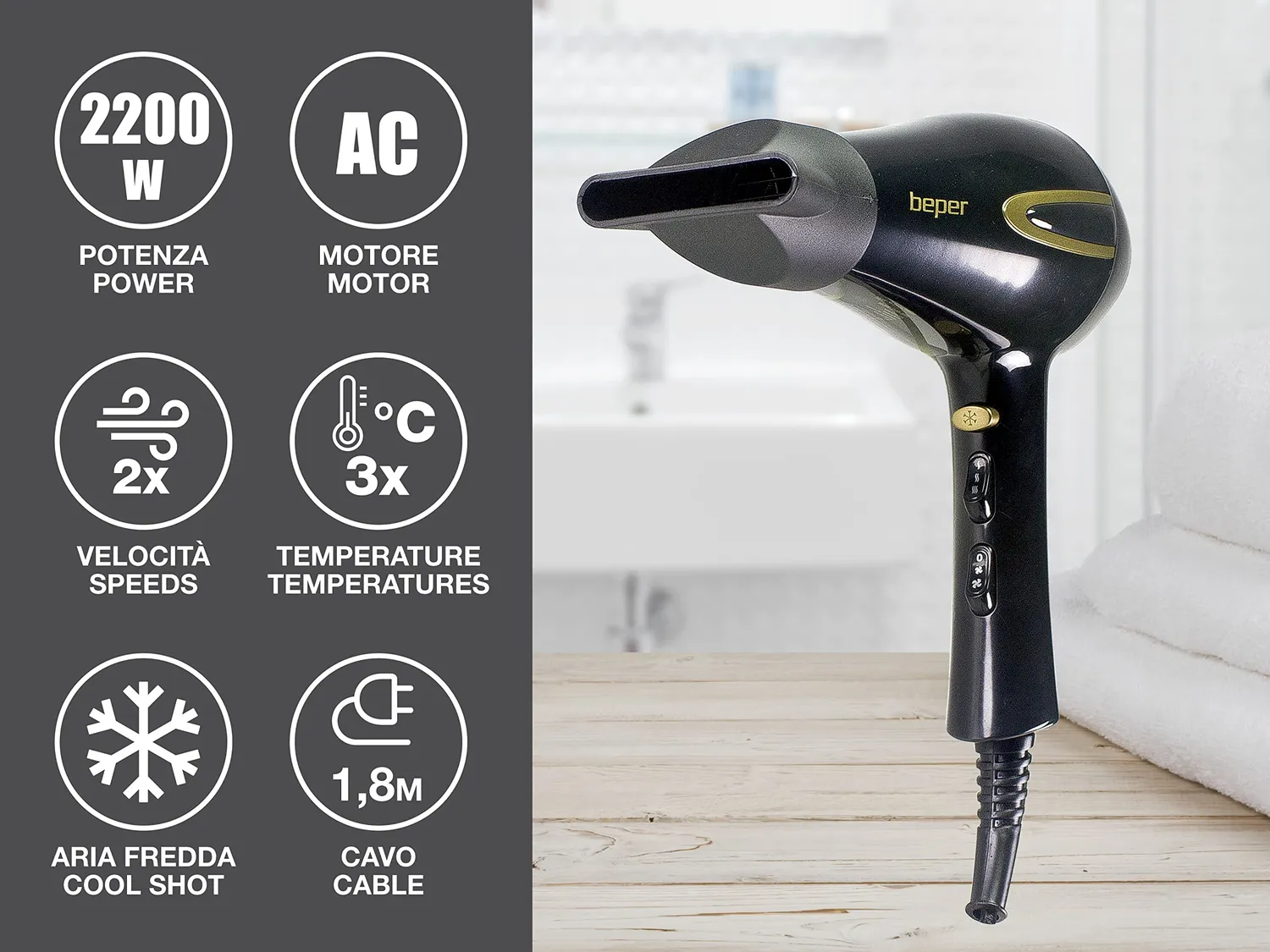 Beper P301ASC001 sèche-cheveux 2200 W noir or AC