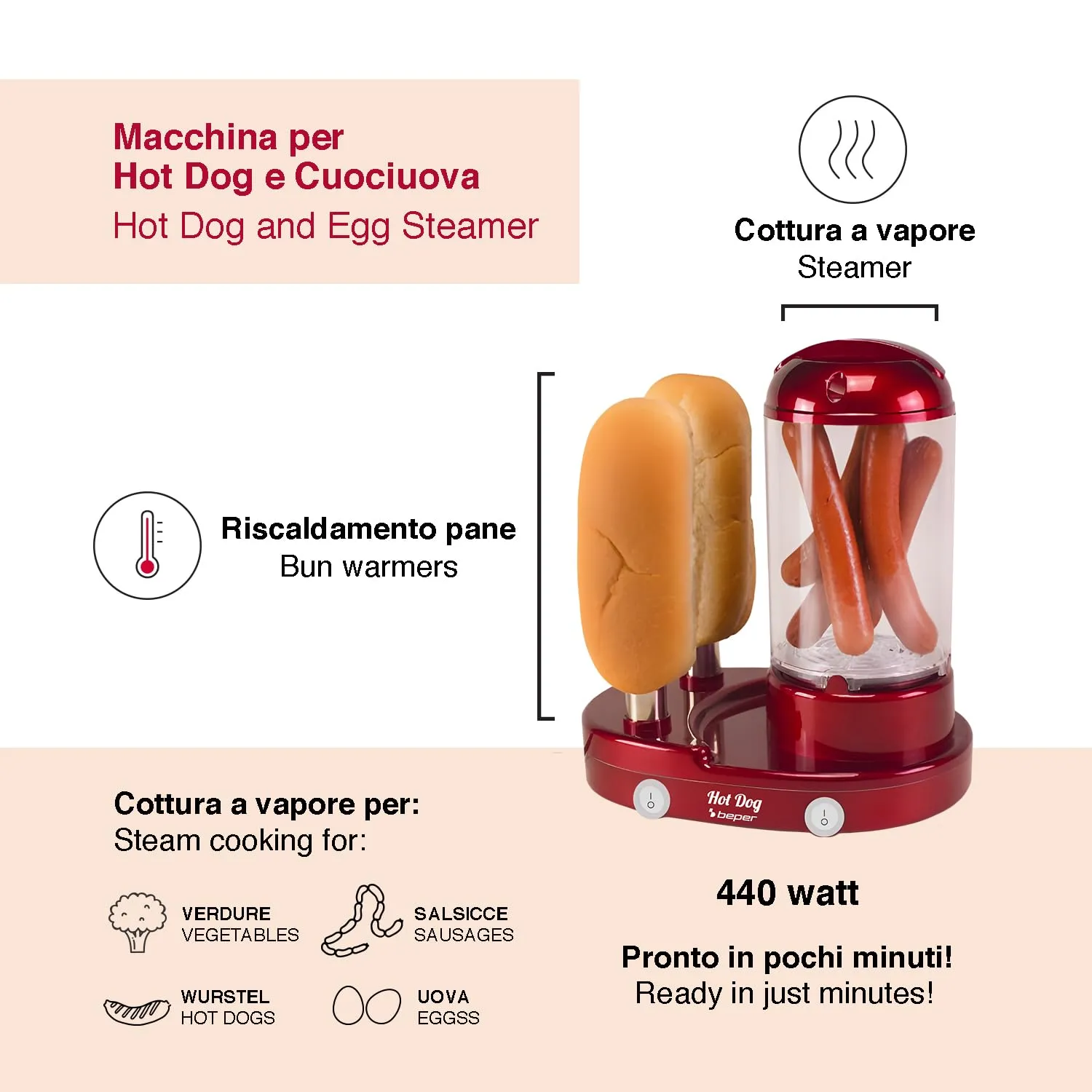 Beper P101CUD502 appareil hot-dog cuiseur œufs 440 W