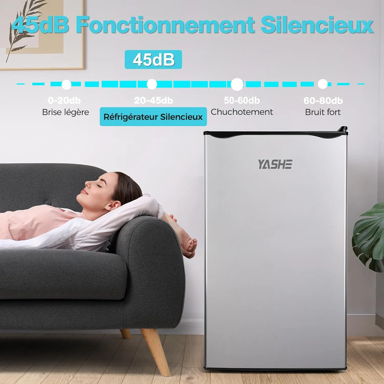 YASHE petit frigo 92 L avec congélateur silencieux 45 dB
