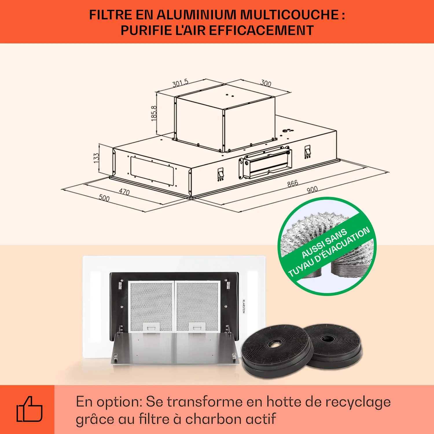 Klarstein Remy hotte 90 cm blanc 609 m3/h