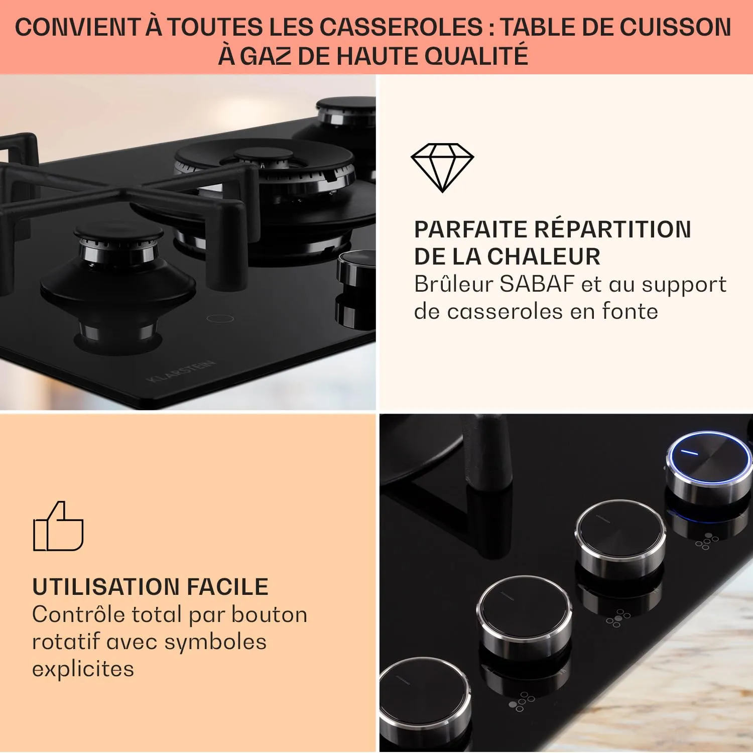 Klarstein Plaque Gaz 5 Feux Inox 75 cm 11,5 kW