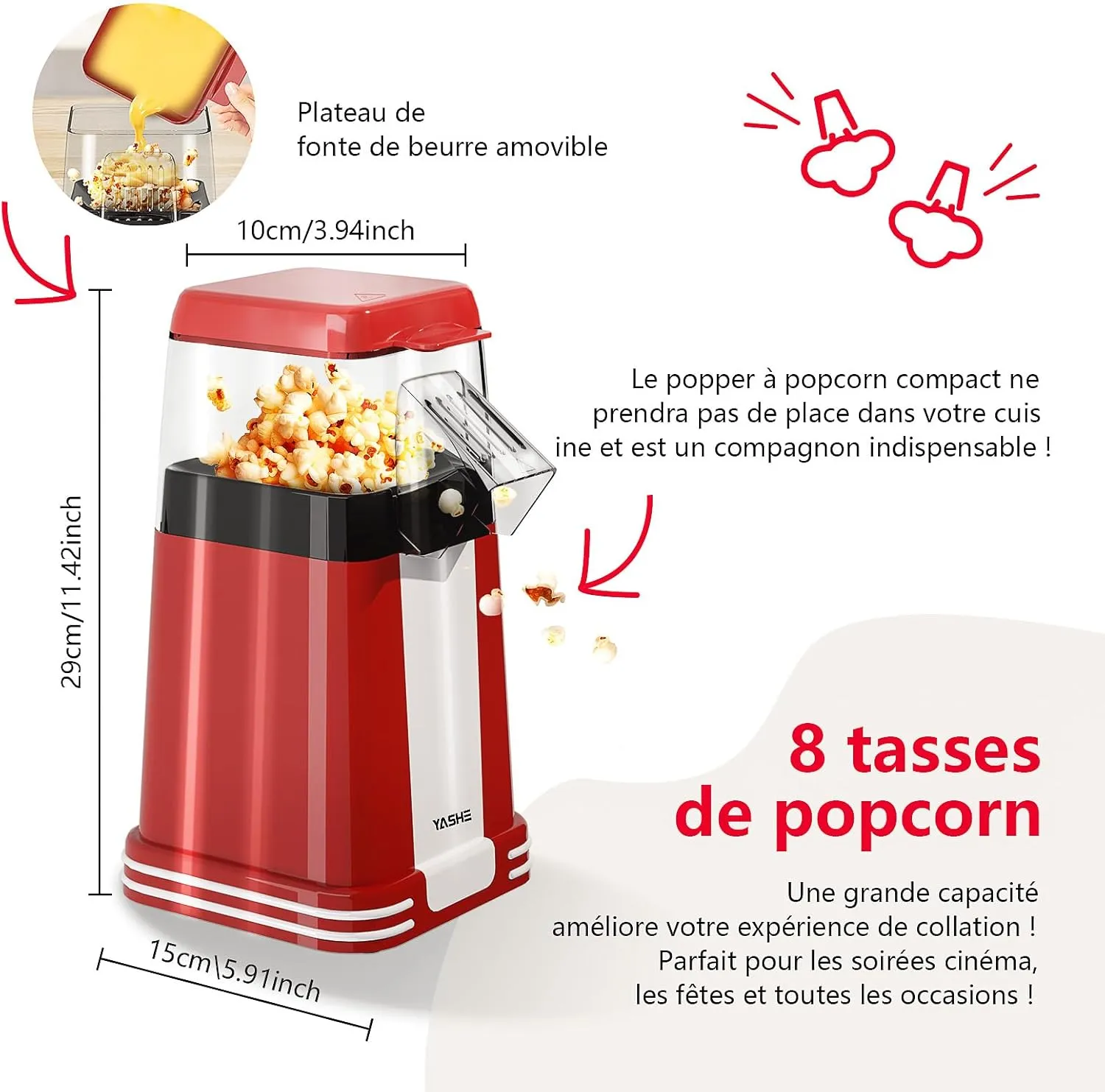 YASHE machine à pop-corn air chaud 1200 W sans huile