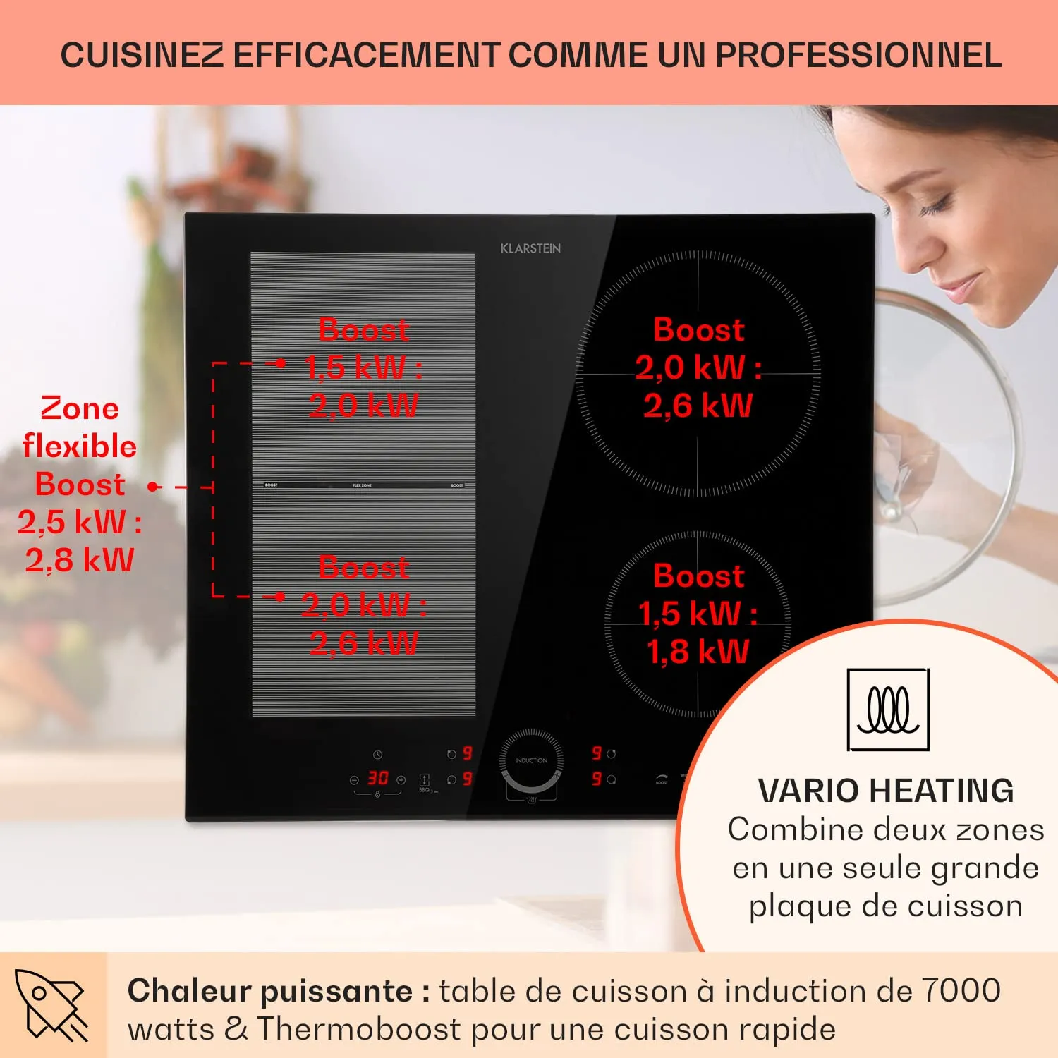 Klarstein plaque induction 4 feux 7000 W 60 cm noire
