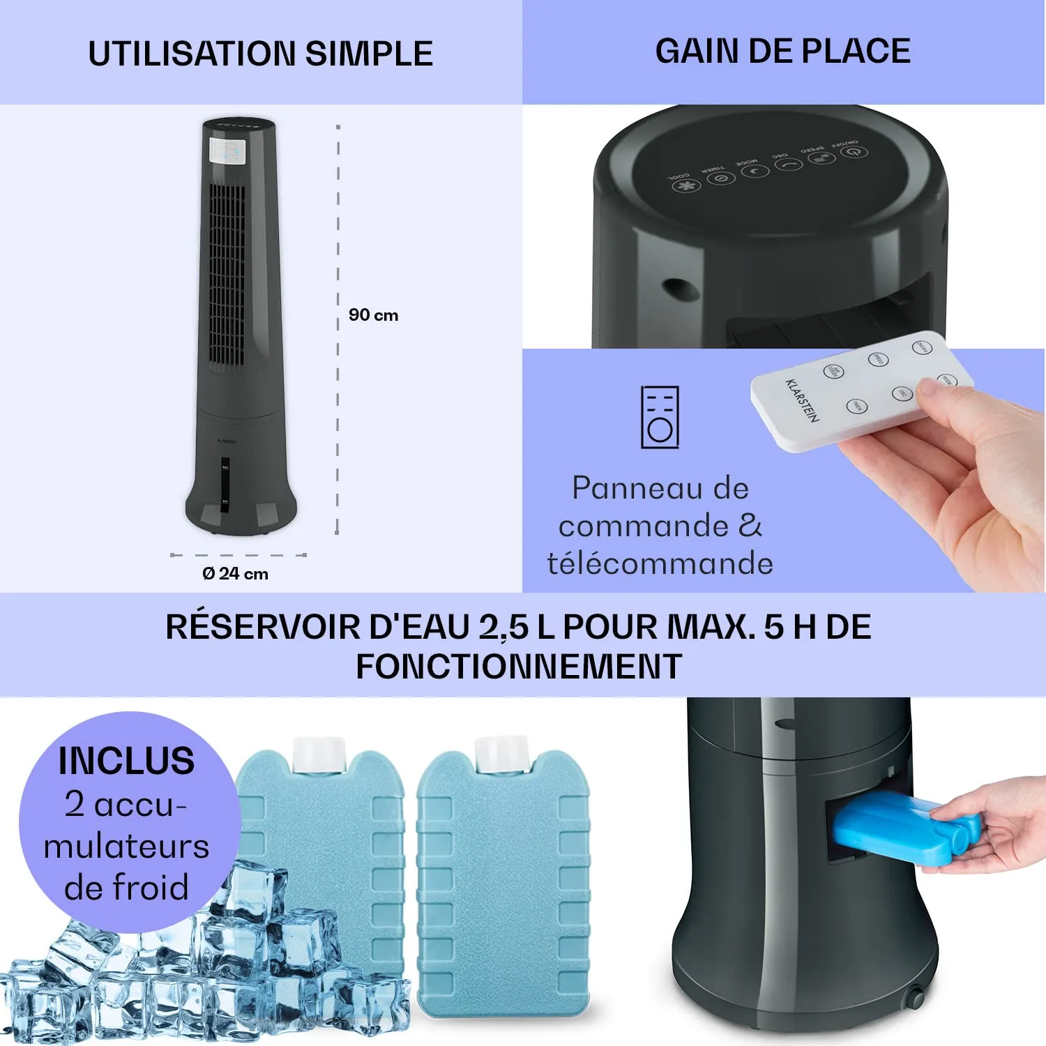 Klarstein rafraîchisseur d'air mobile 2,5L noir silencieux