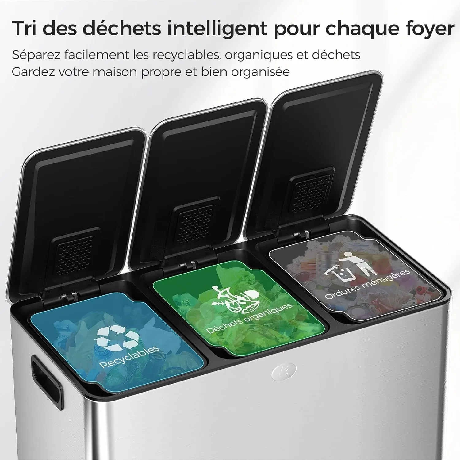 YASHE Poubelle Tri 3x15L Inox 45L Fermeture Douce
