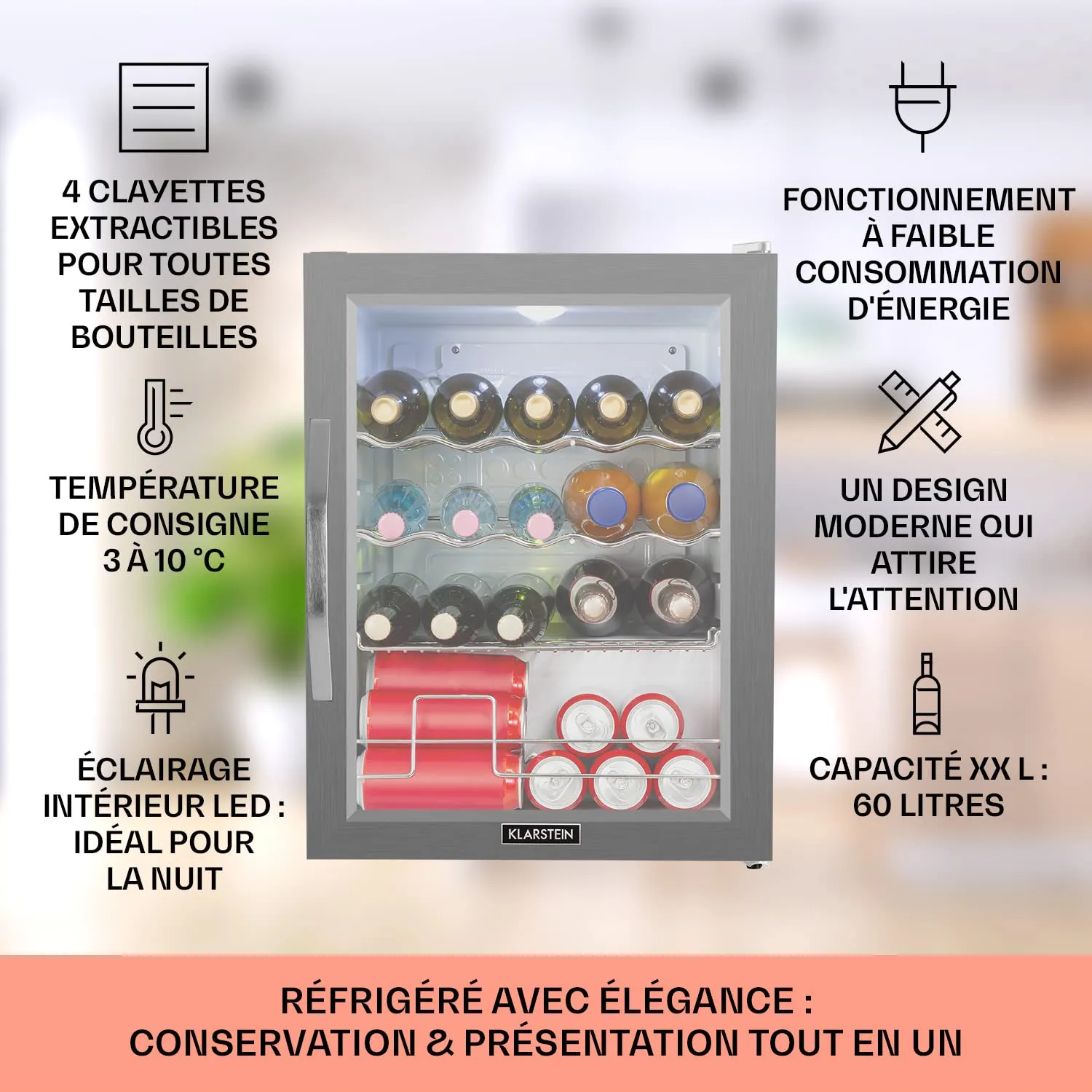 Klarstein Mini Frigo Bar 60L vitré inox