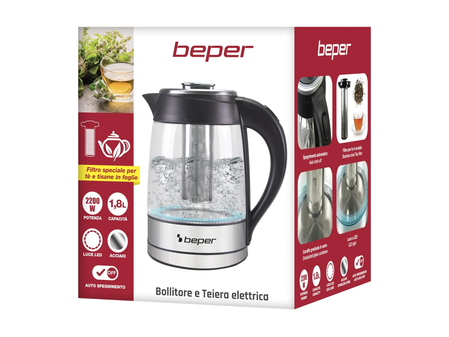 Beper BB.103 bouilloire électrique 1,8 L verre LED