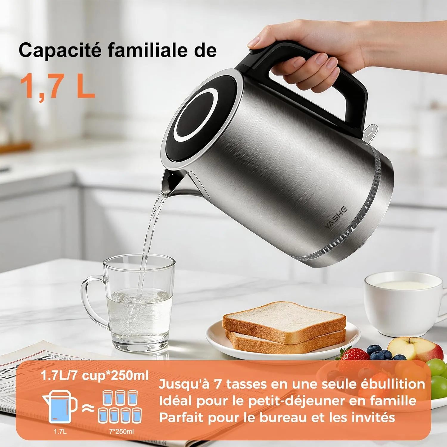 YASHE Bouilloire Électrique Inox 1,7L 2200W