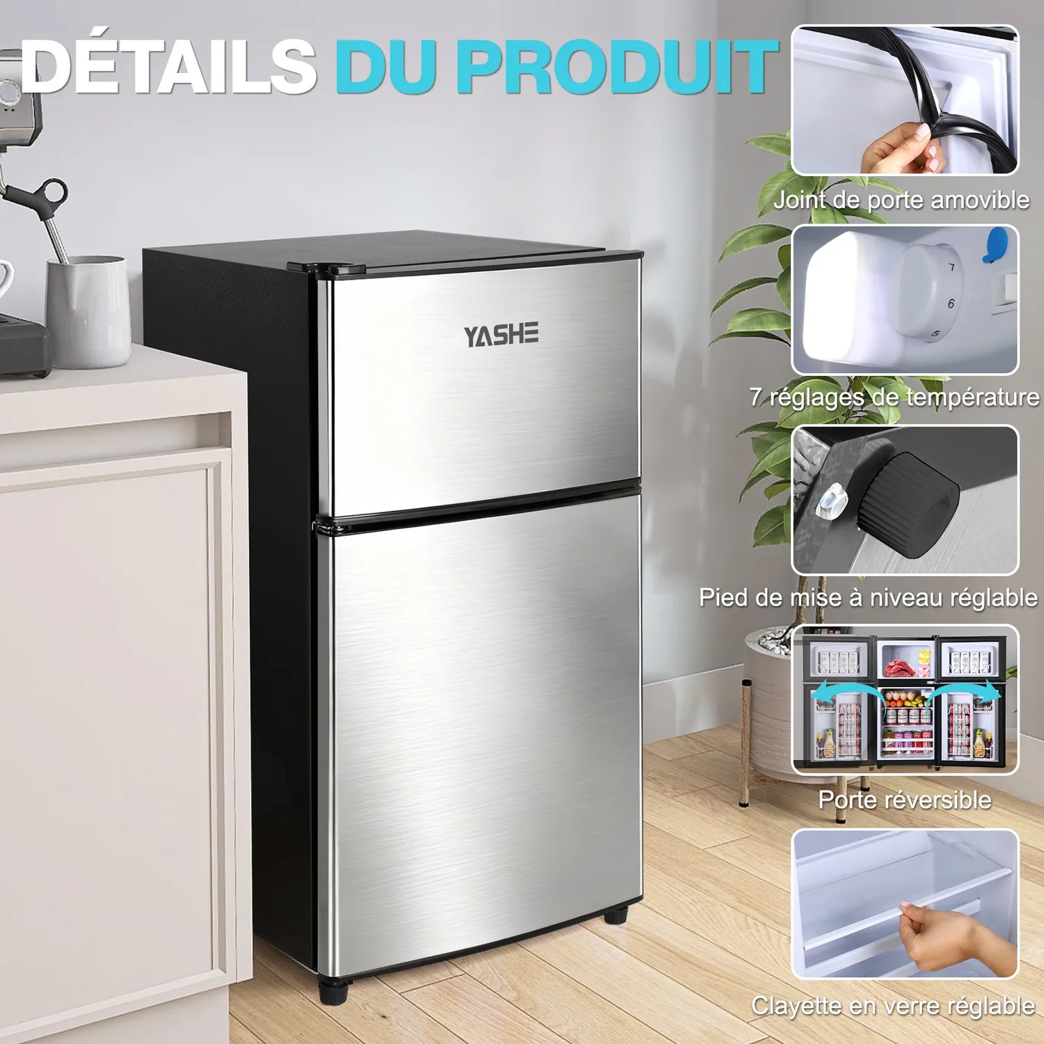 YASHE 86L mini réfrigérateur double porte noir