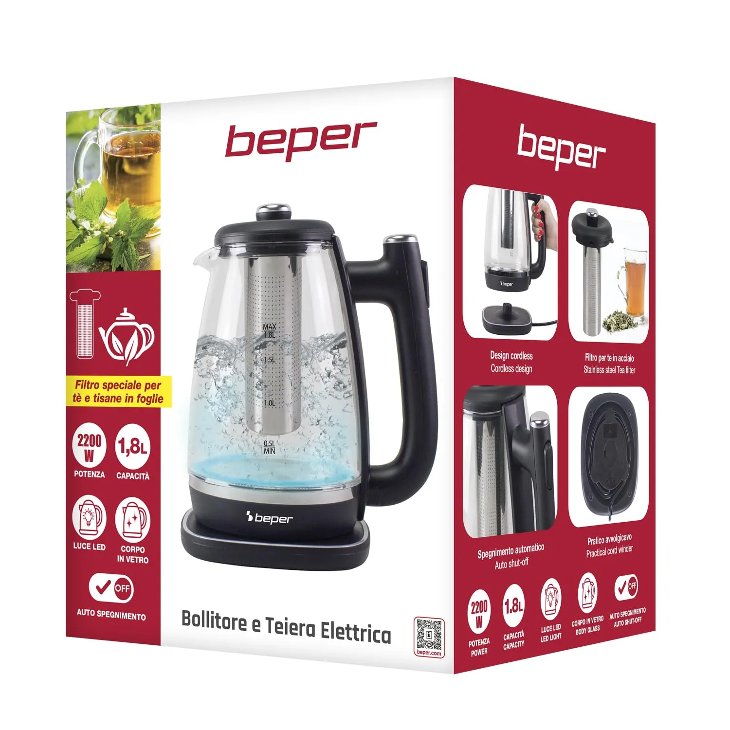 Beper P101BOL200 bouilloire verre 1,8 L avec filtre à thé