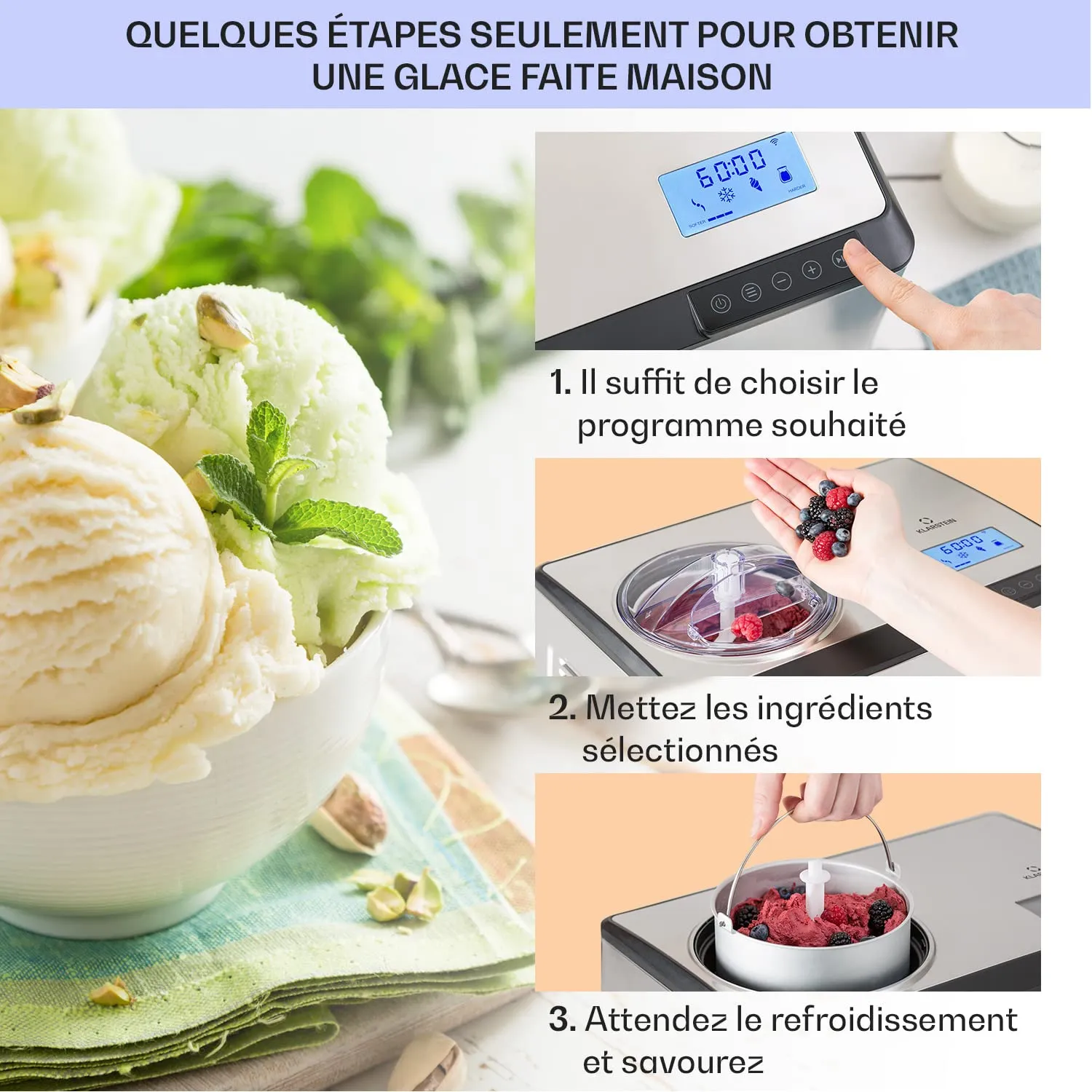 Klarstein turbine à glace sorbetière 2 L 180 W connectée