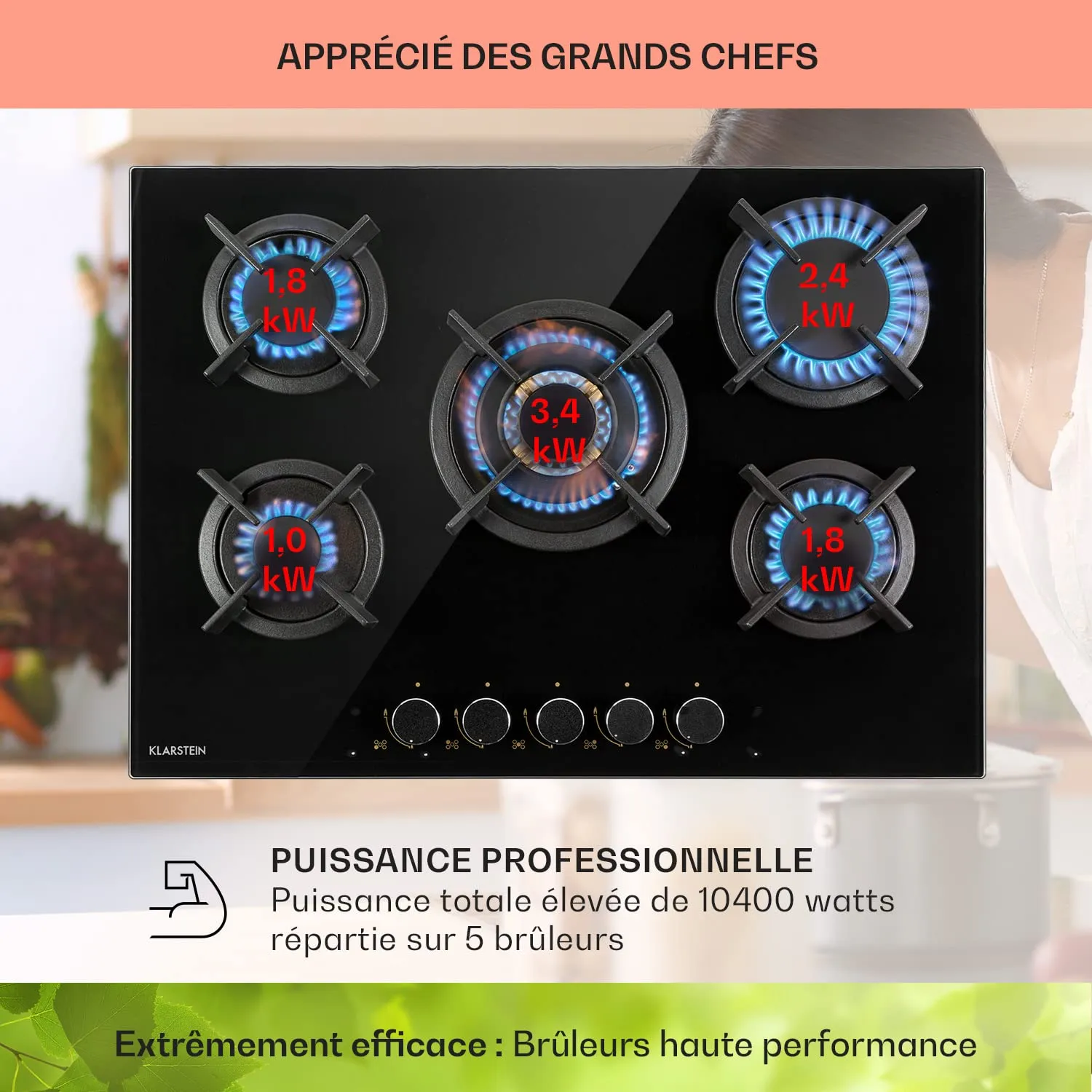 Klarstein plaque de cuisson gaz 5 feux 90 cm verre noir
