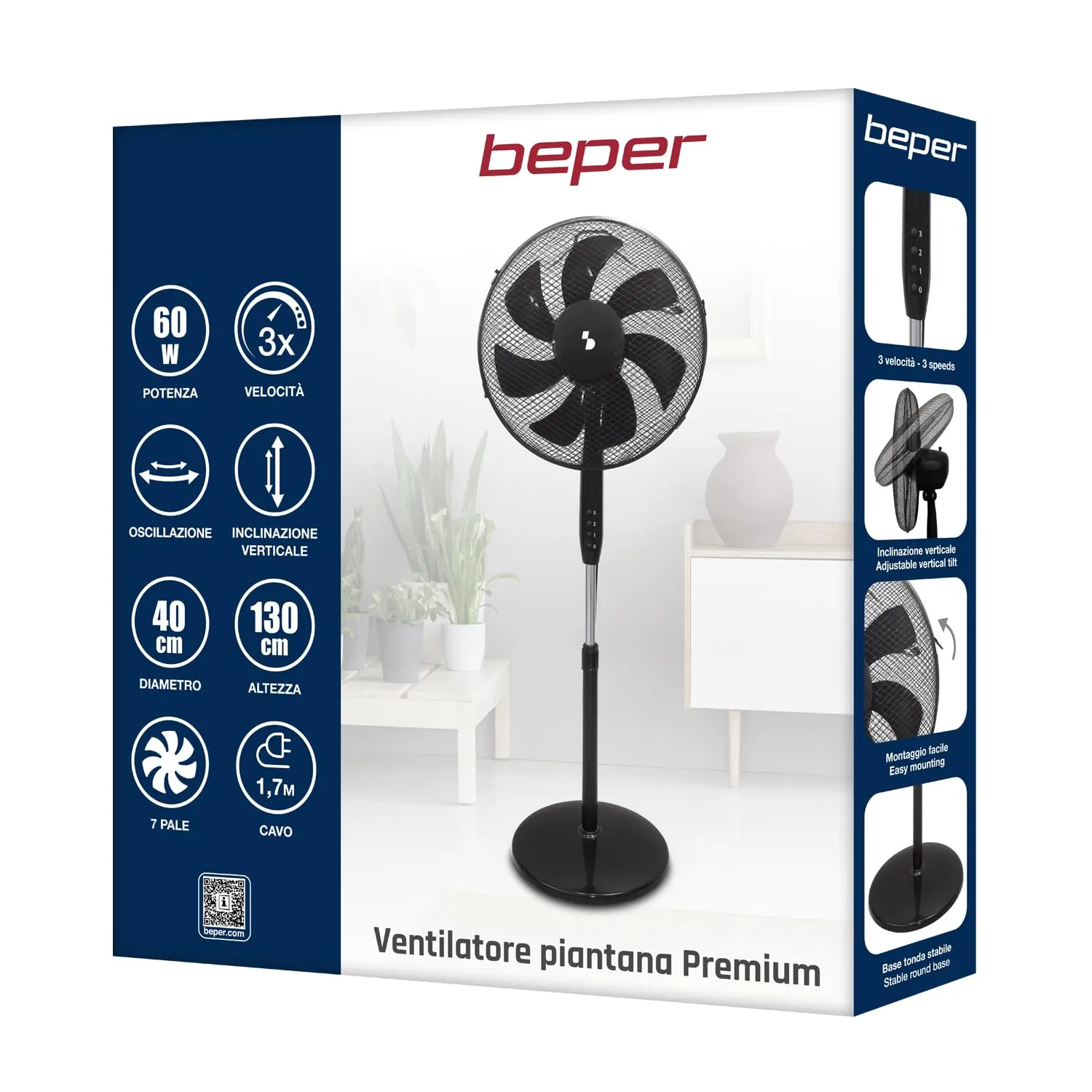 Beper P206VEN120 ventilateur sur pied noir 40 cm 7 pales