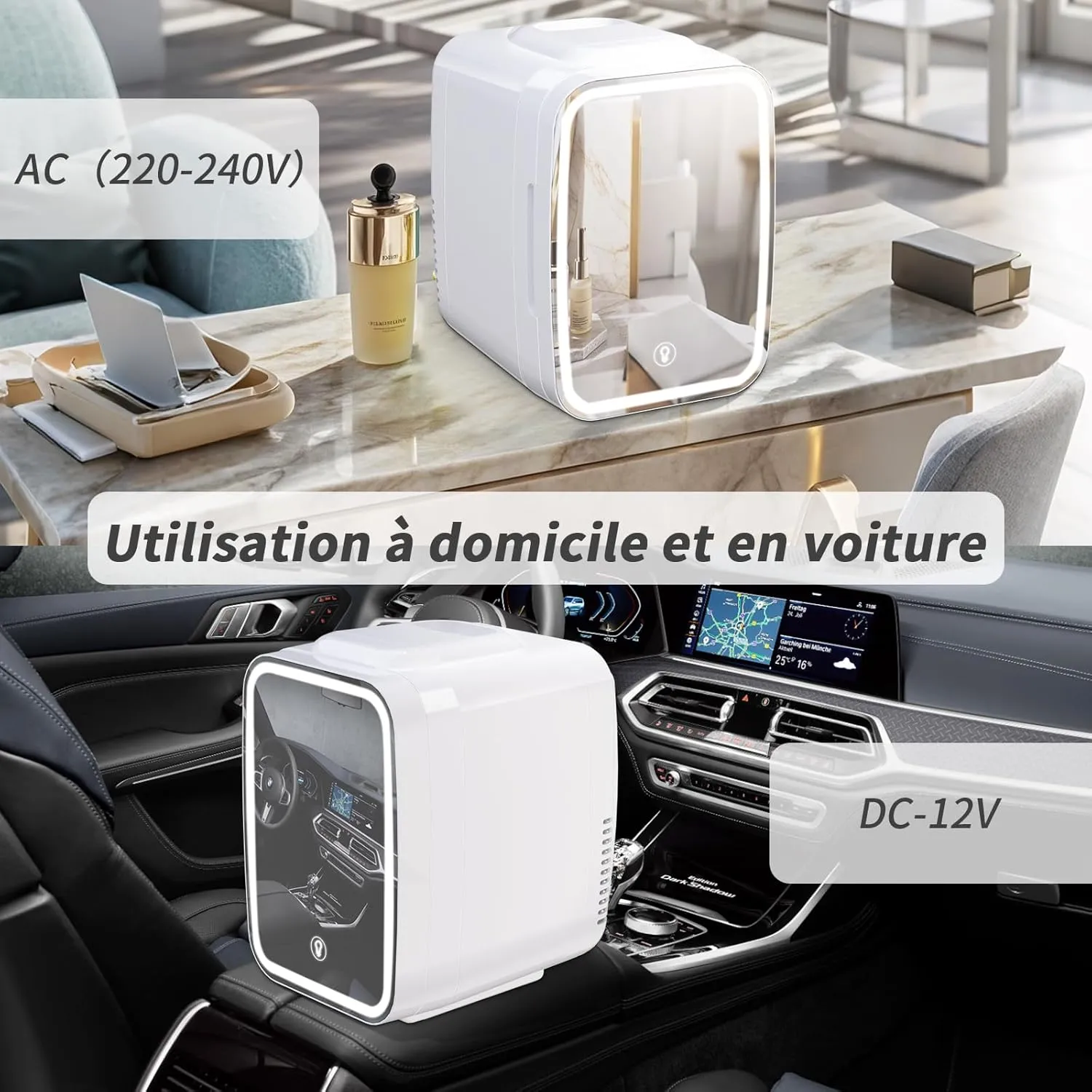 YASHE Mini Frigo 4L Bleu Miroir LED Chaud Froid