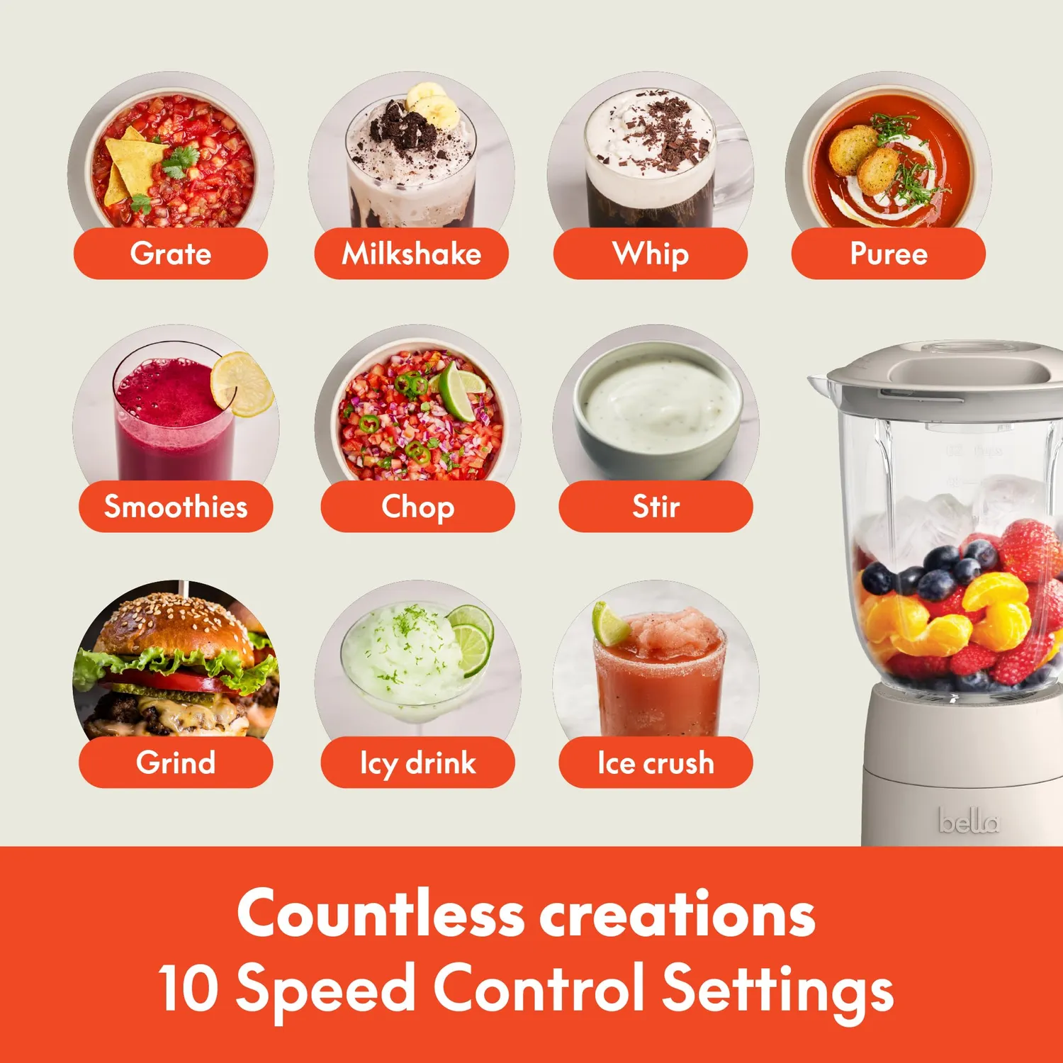 Bella Flip Store blender 10 vitesses 6 tasses avoine