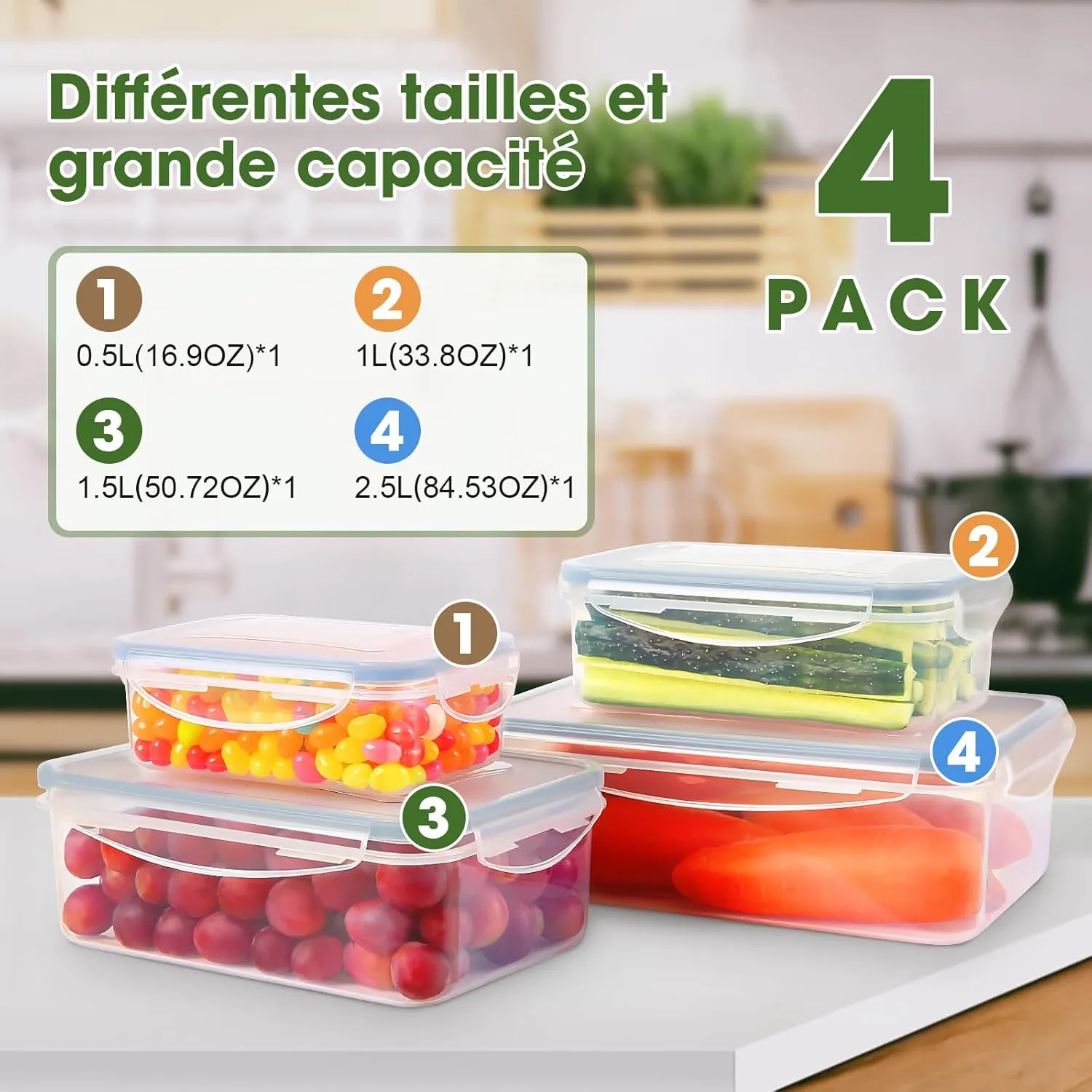 YASHE Set 4 Boîtes Alimentaires Hermétiques 2,5L sans BPA