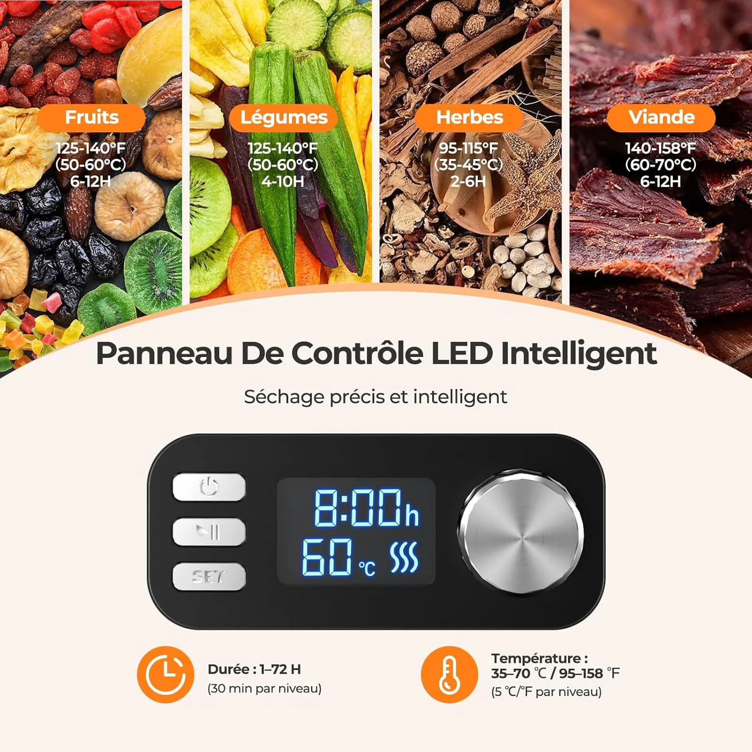 YASHE Déshydrateur 8 Plateaux déshydrateur alimentaire 35-70°C
