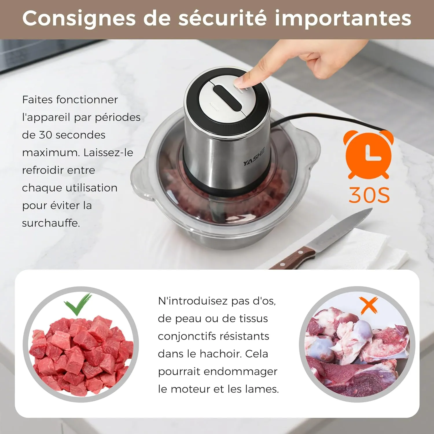 YASHE Hachoir Électrique 500W Bol Inox 1,8L