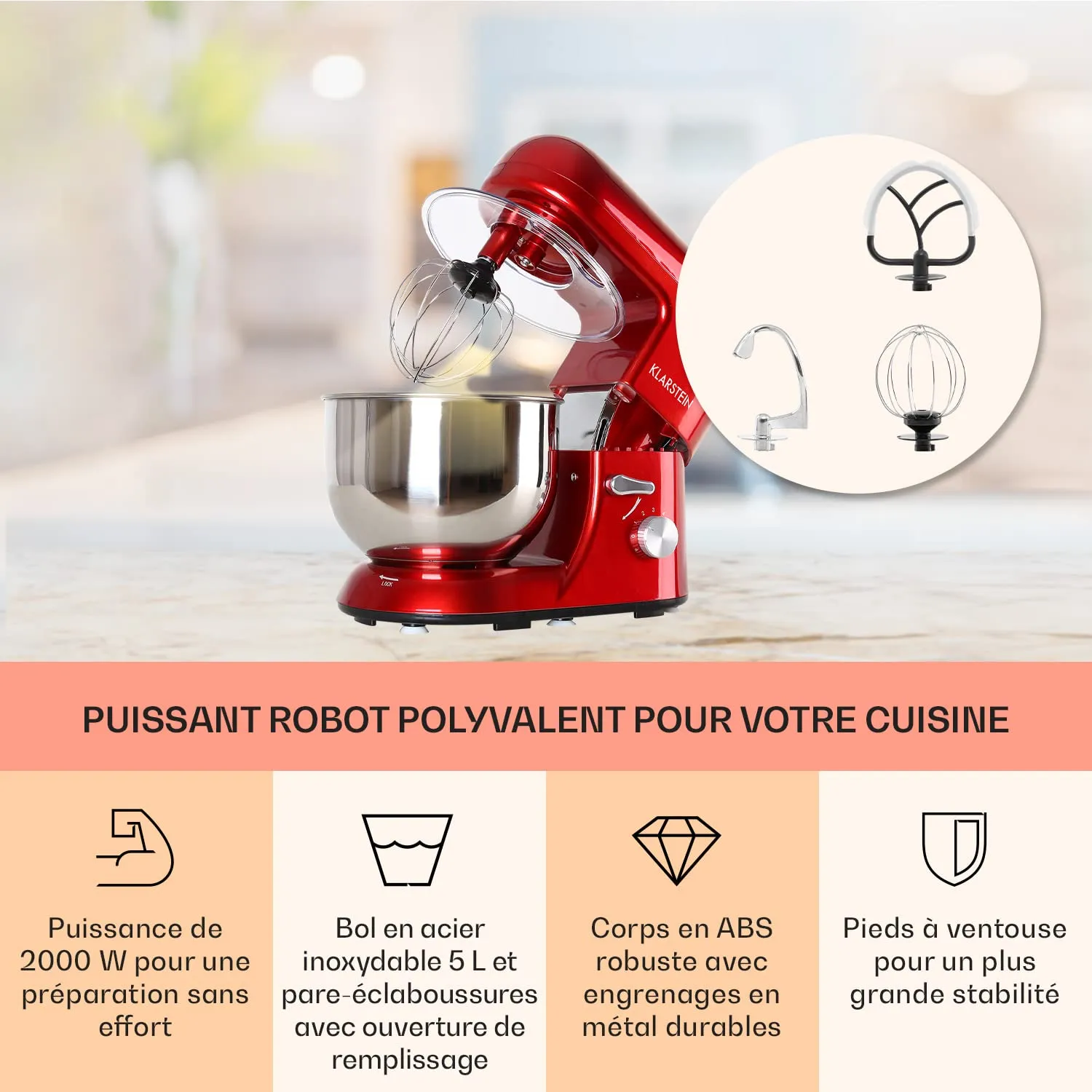 Klarstein Robot Pâtissier Bol 5L 2000W Rouge 6 Vitesses