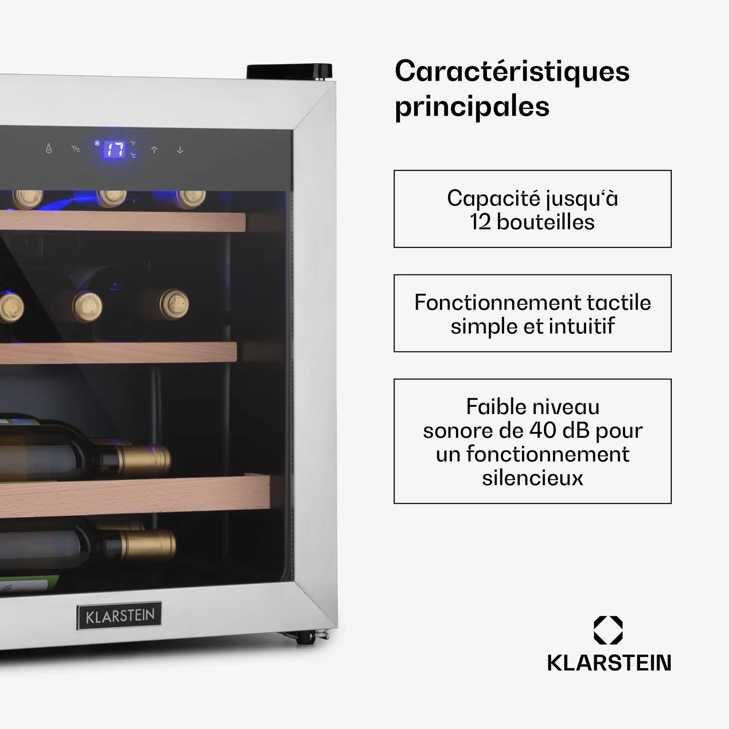 Klarstein cave à vin 12 bouteilles 46 L porte verre