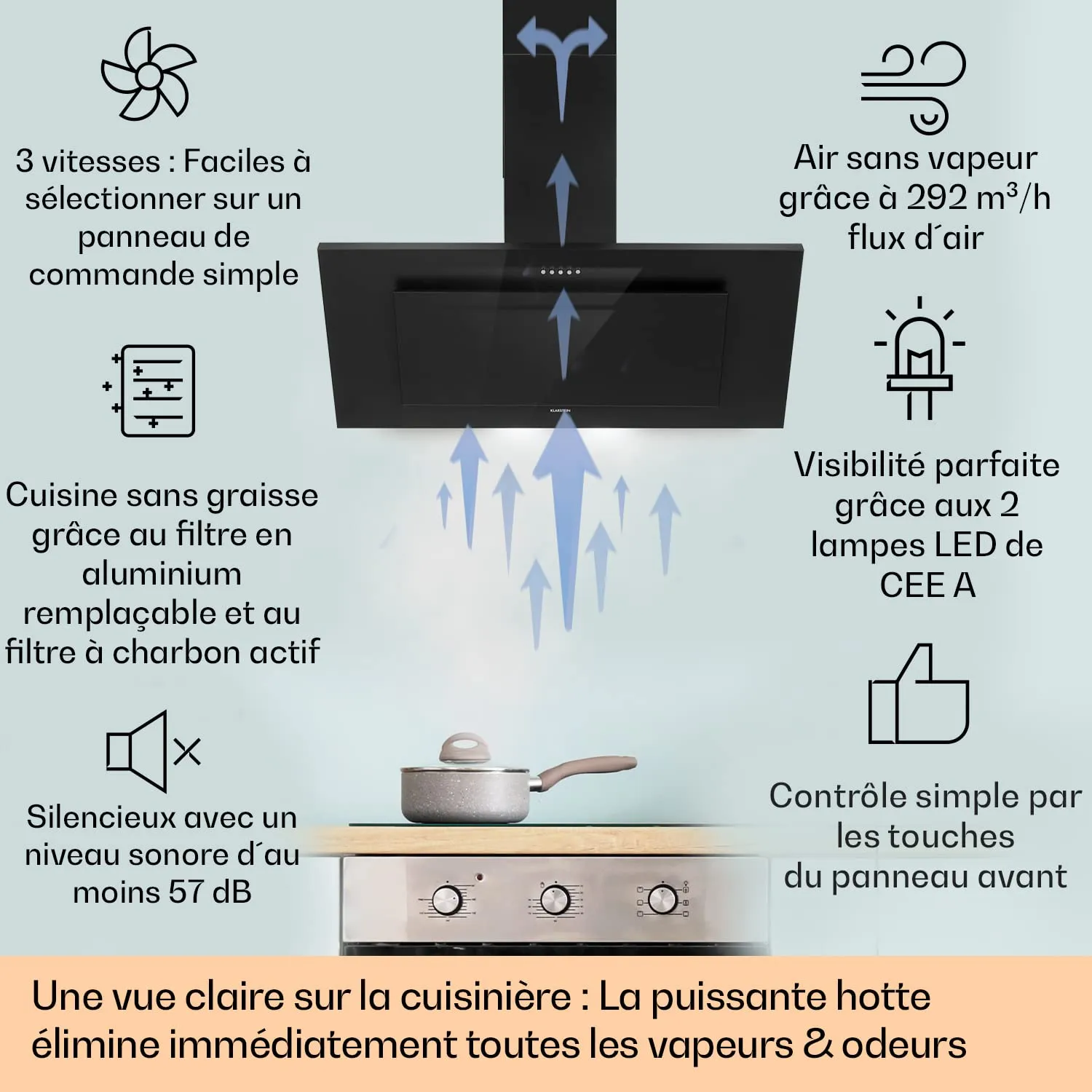 Klarstein hotte inclinée 90 cm noire 292 m³/h tactile