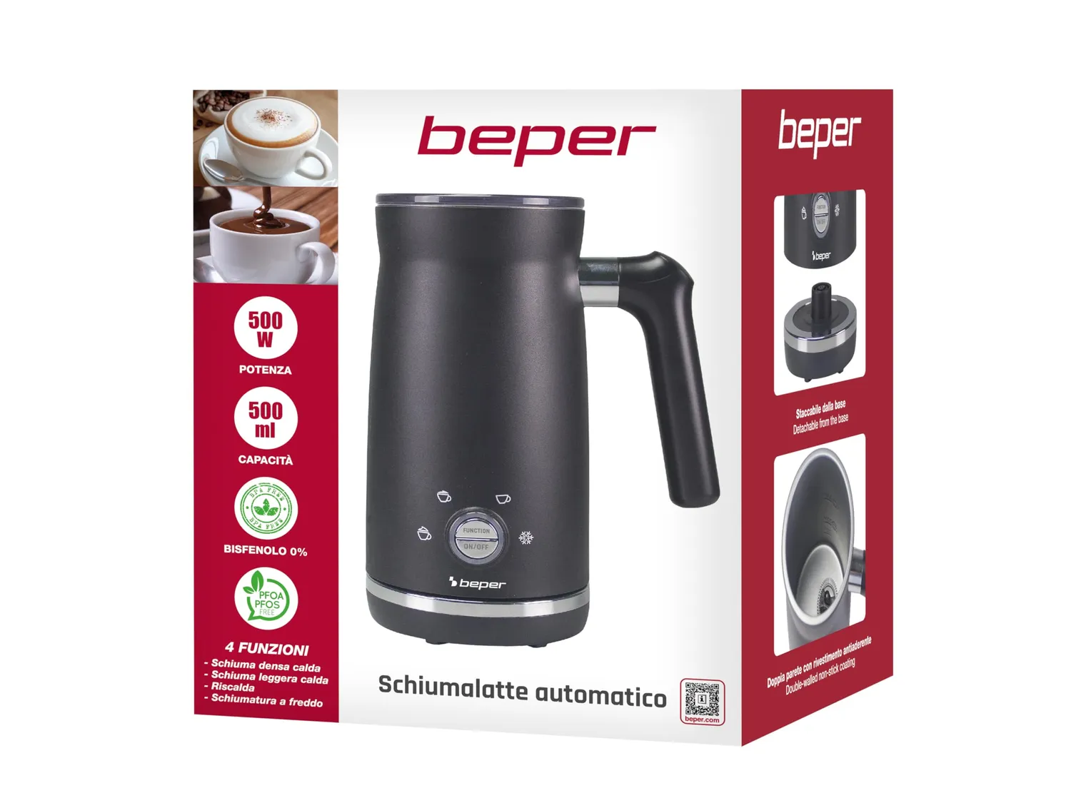 Beper P101CAF001 mousseur lait électrique 300 ml noir 4 fonctions