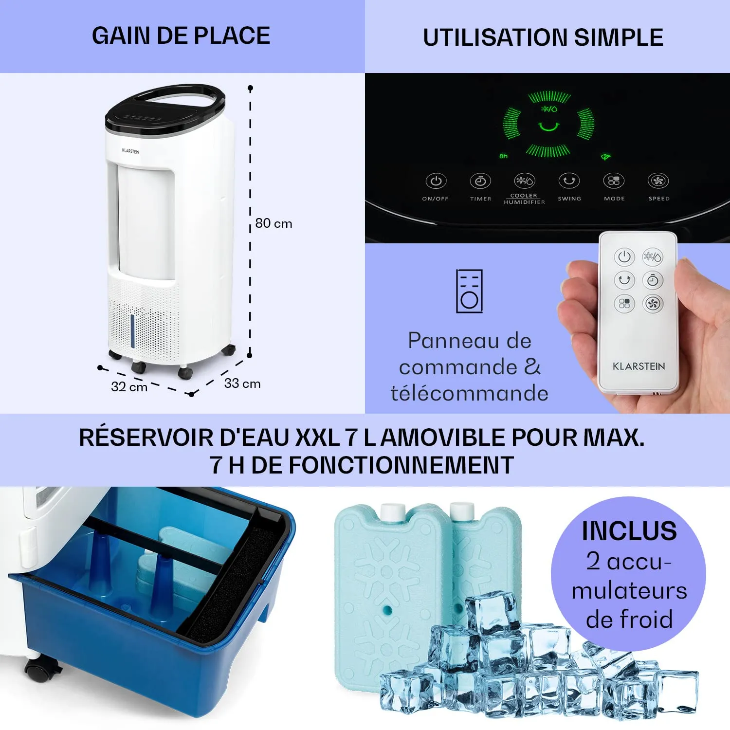 Klarstein rafraîchisseur d'air mobile 4 en 1 7L 65W