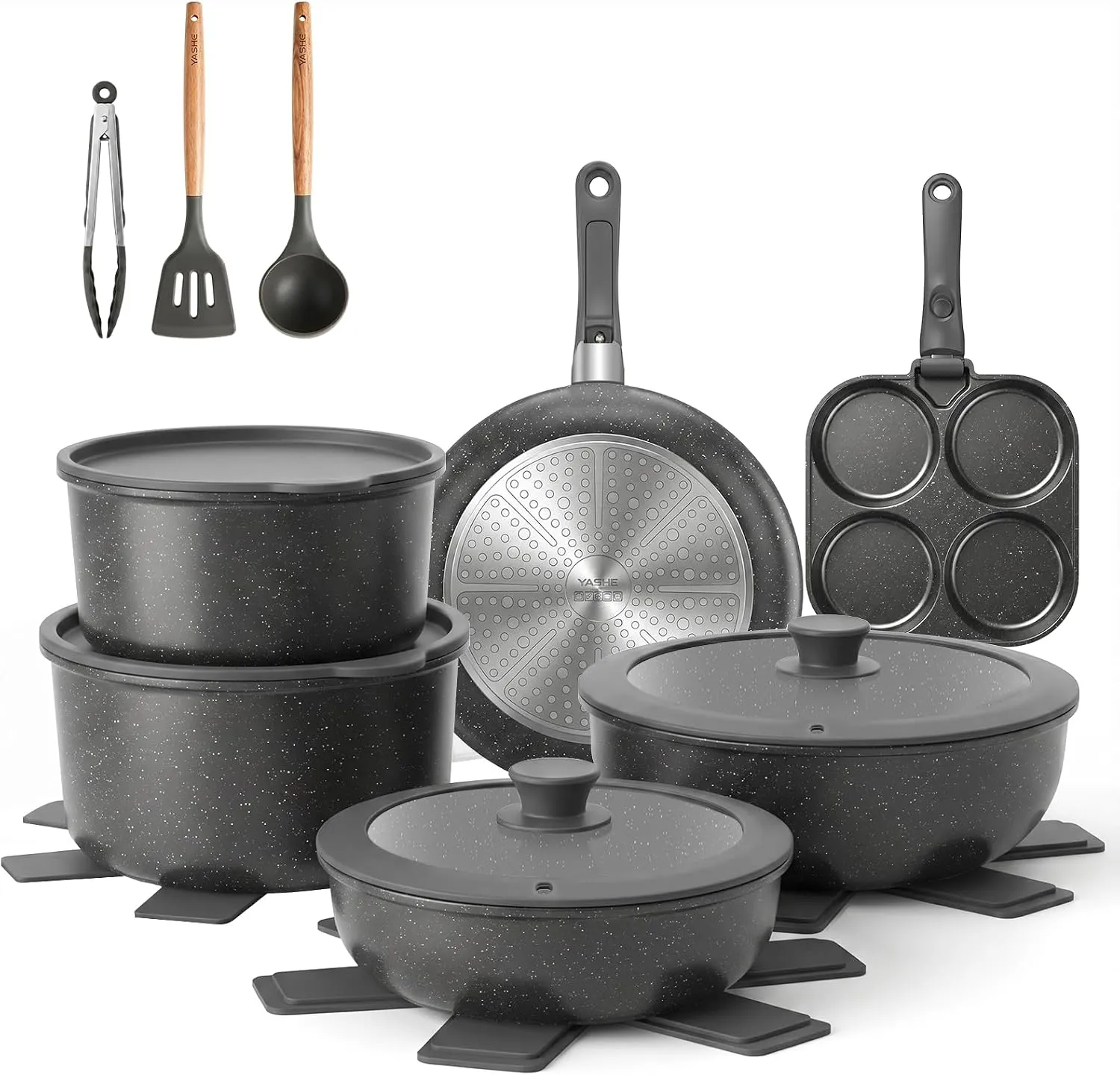 YASHE Set 20 Pièces Poêles Casseroles Antiadhésives Noir Granit