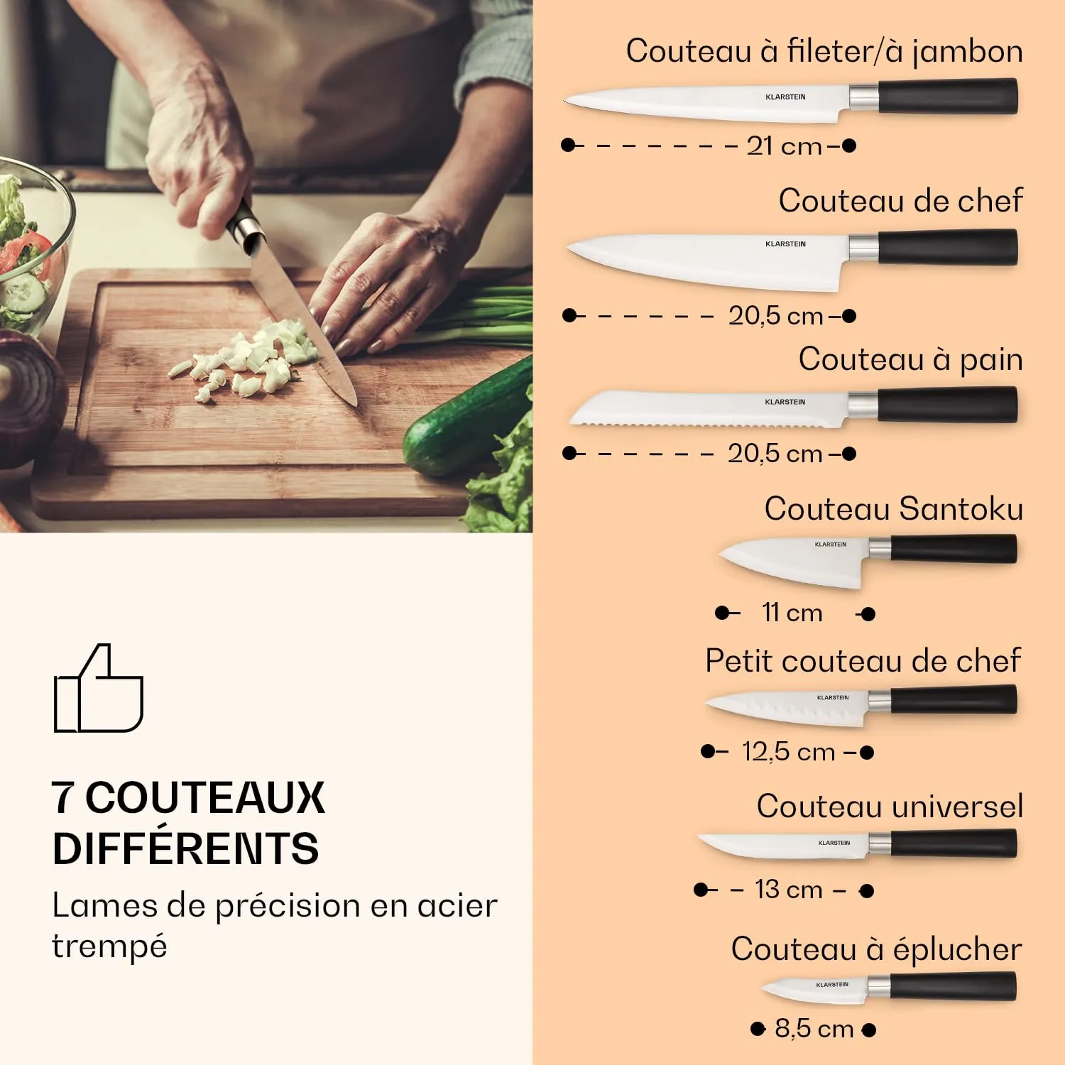 Klarstein set 7 couteaux cuisine inox bloc chêne