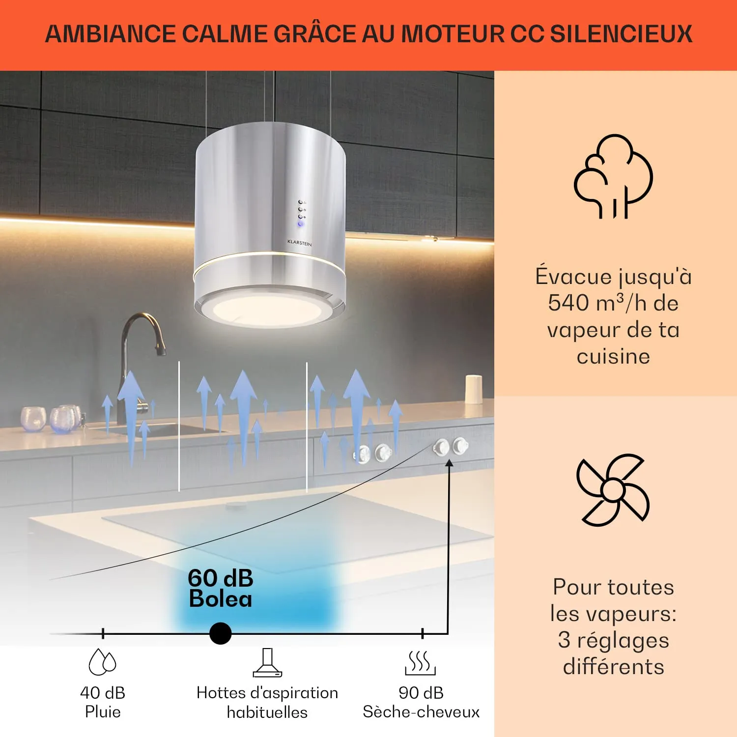 Klarstein hotte îlot suspendue noir 595 m3/h avec filtres