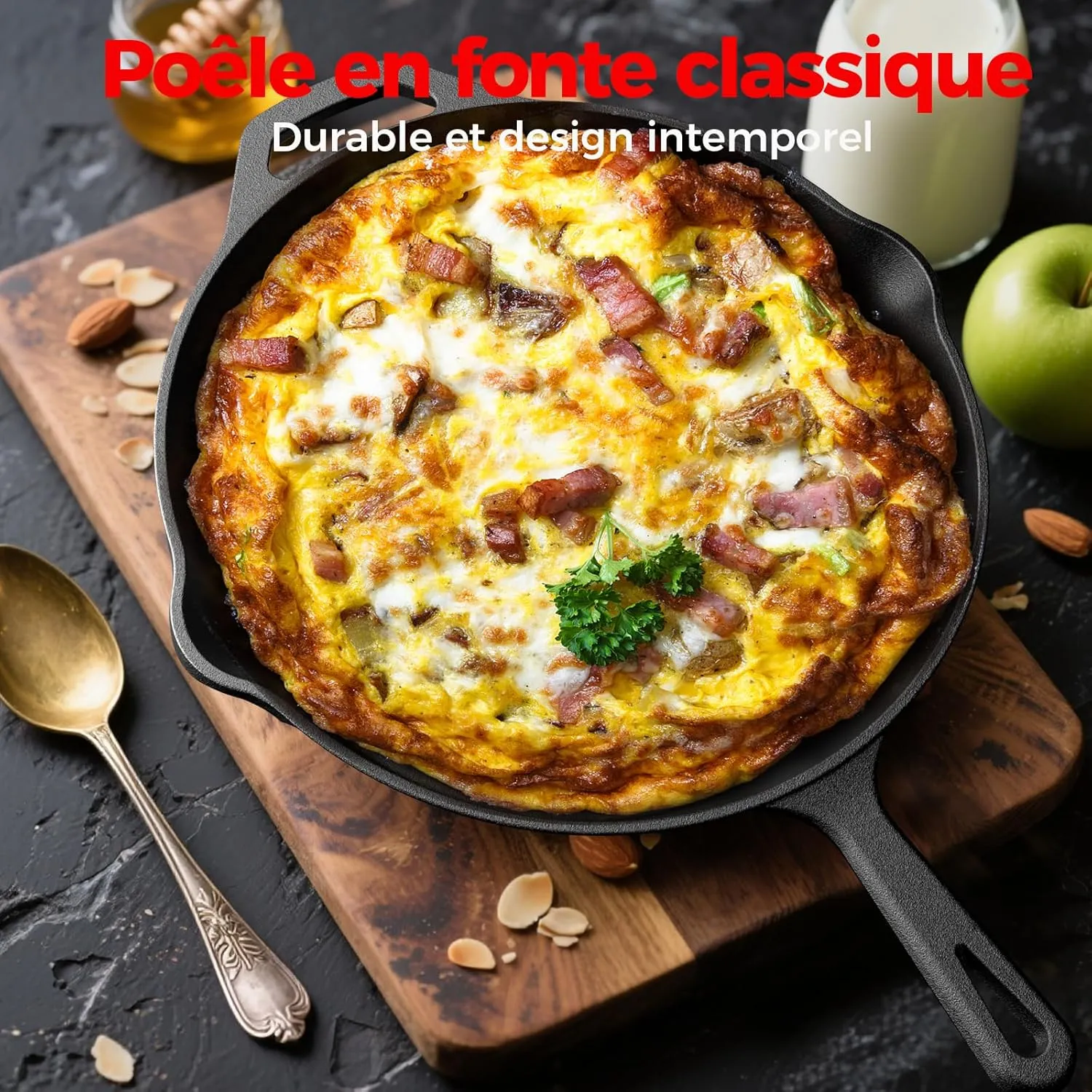 YASHE Poêle en Fonte 26 cm Induction Œufs Viande Four