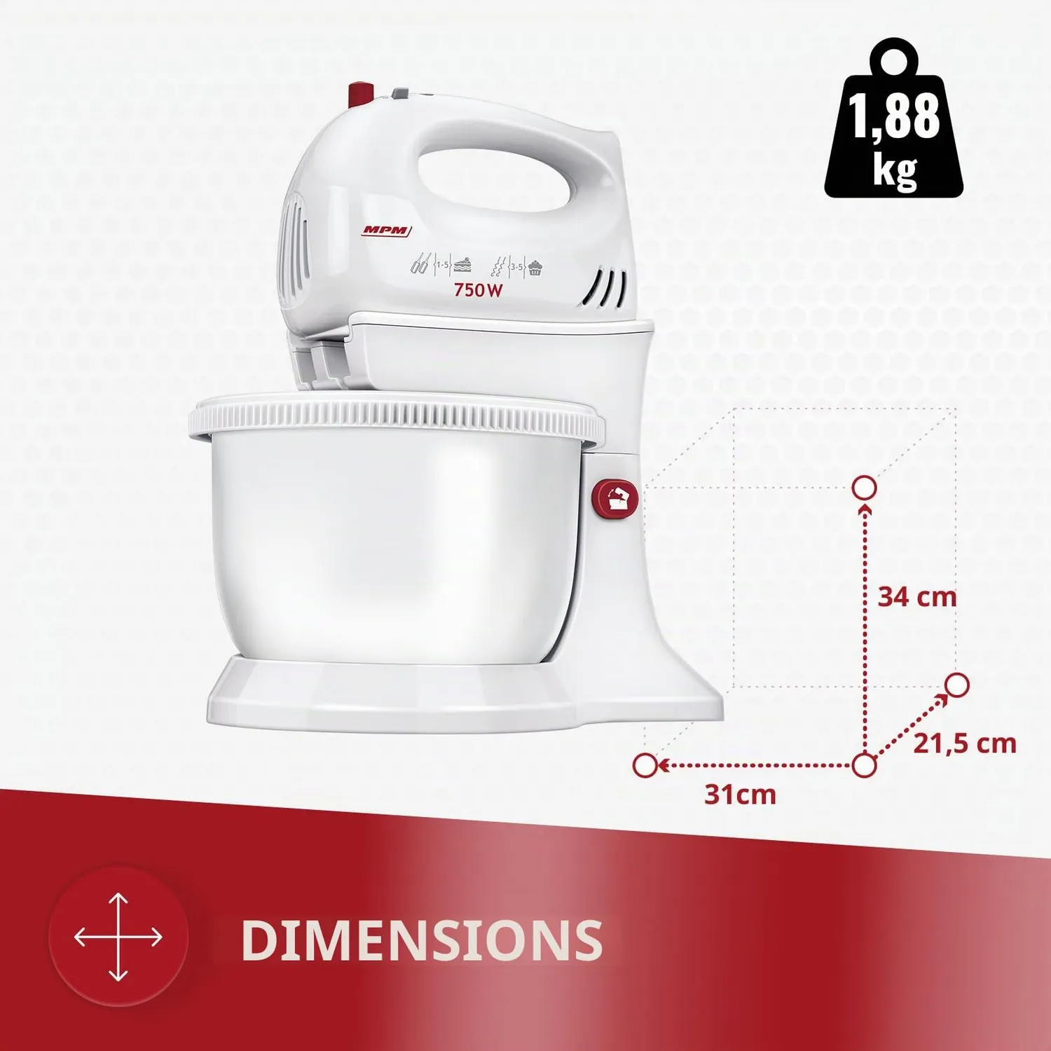 MPM MMR-16Z batteur pâtissier bol 3,4 L blanc 750 W