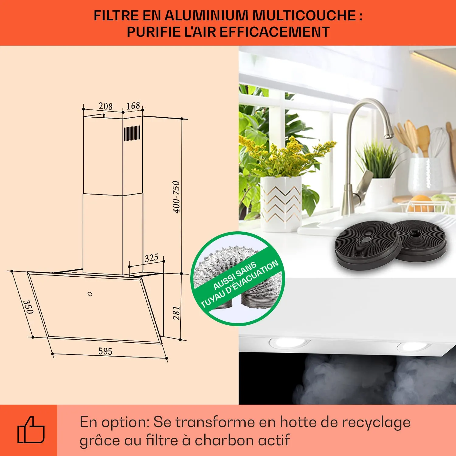 Klarstein Laurel hotte aspirante 60cm inclinée LED 347m3/h
