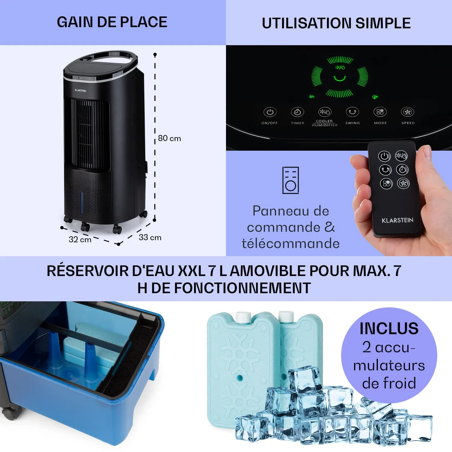 Klarstein 4 en 1 rafraichisseur d'air 7L 65W silencieux
