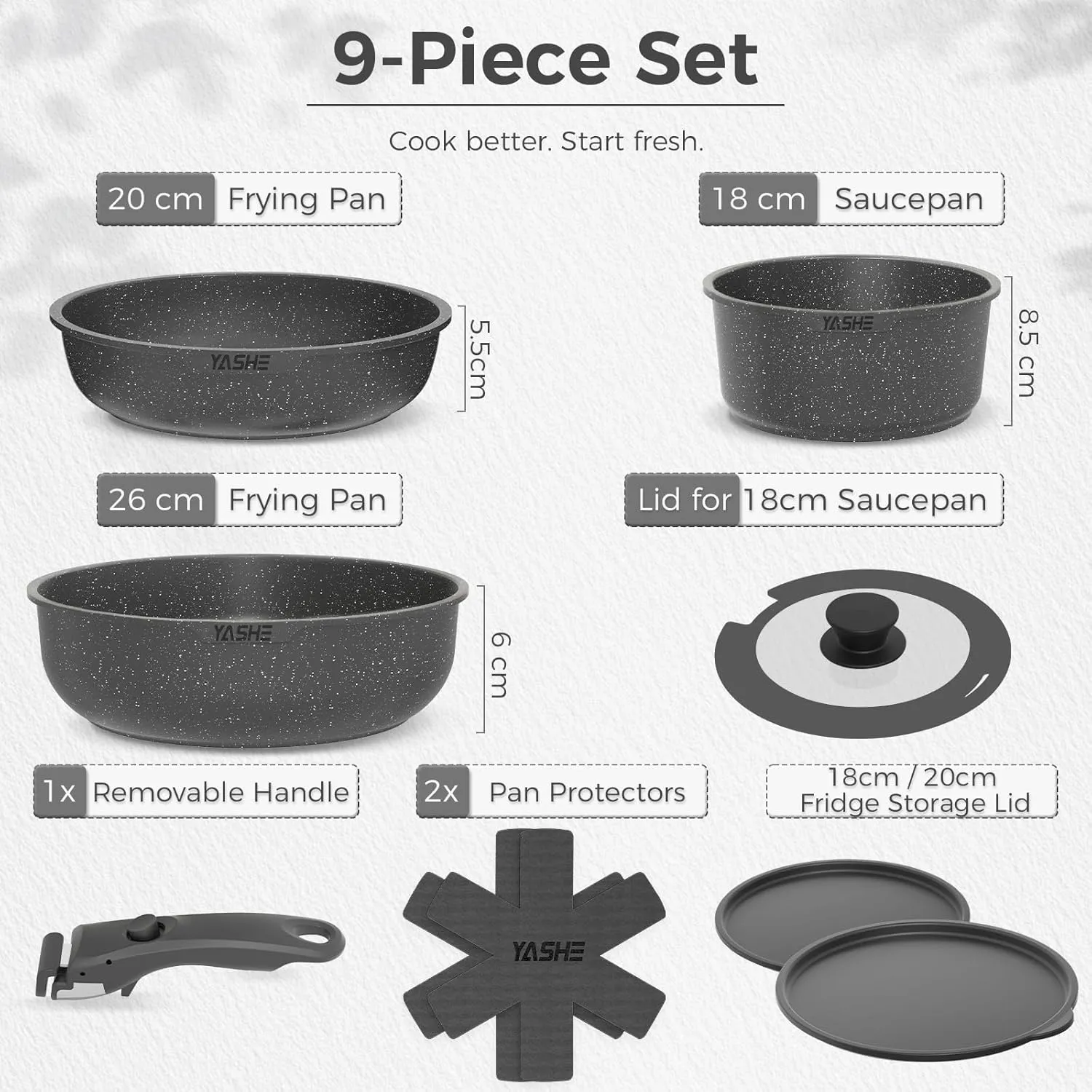 YASHE Batterie Cuisine 9 Pièces Grise Sans PFOA