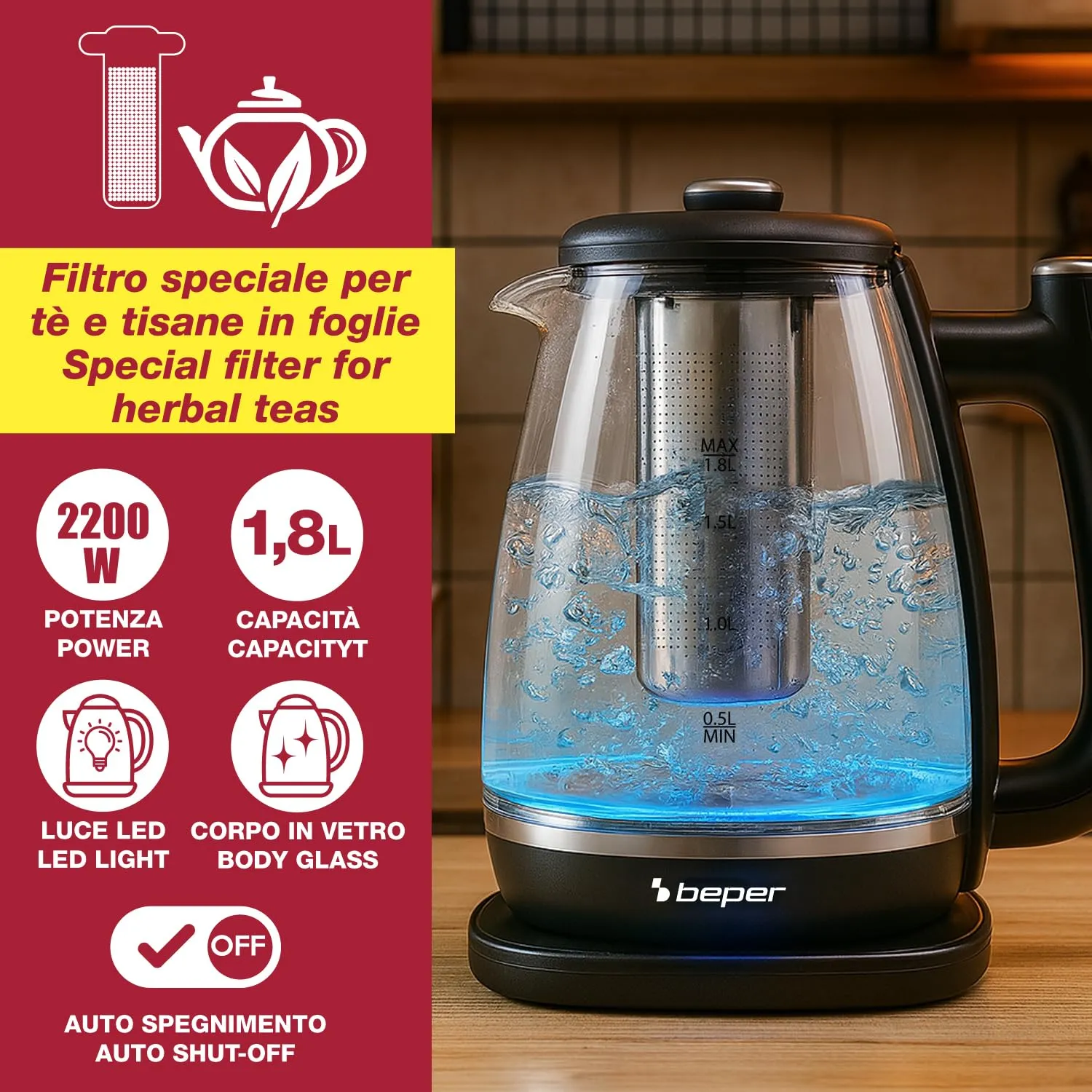 Beper P101BOL200 bouilloire verre 1,8 L avec filtre à thé