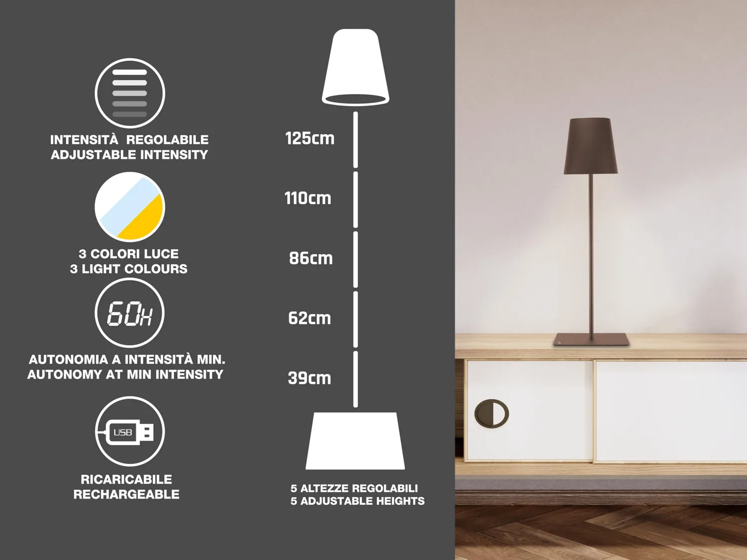Beper P201UTP405 lampadaire XL corten rechargeable 2,5 W