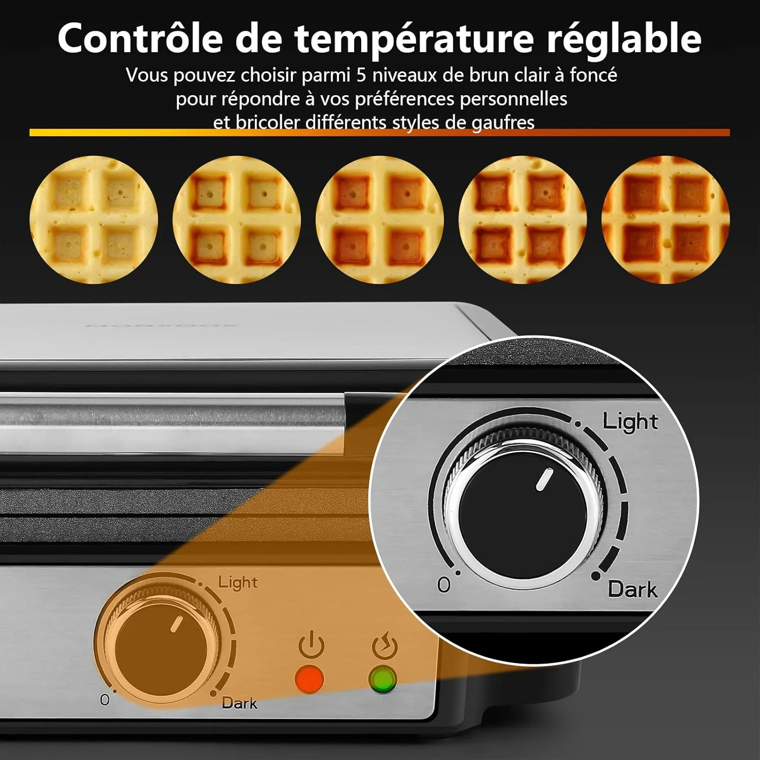 YASHE Gaufrier Belge 4 Tranches 1200 W 5 Dorures