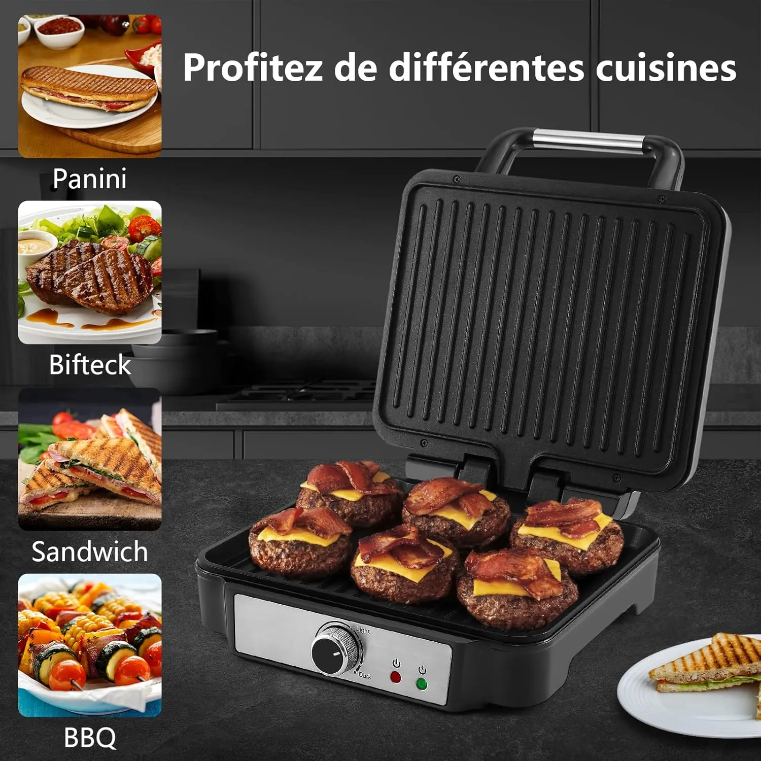YASHE Grill Panini 1800W presse 3-en-1 antiadhésive