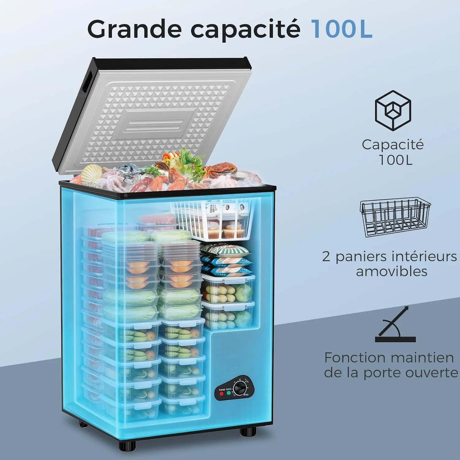 YASHE Congélateur Coffre 100L Noir Pose Libre 2 Paniers