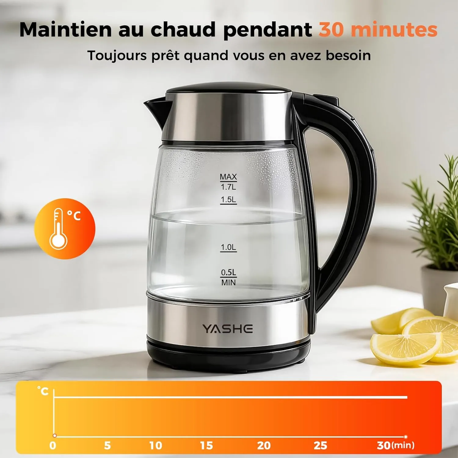 YASHE Bouilloire Verre 1,7L Température Réglable 2200W