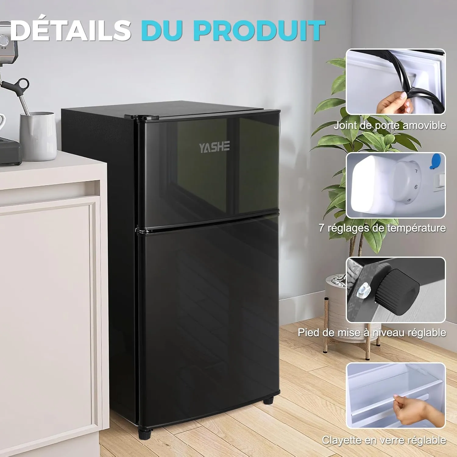 YASHE 86L mini réfrigérateur double porte noir