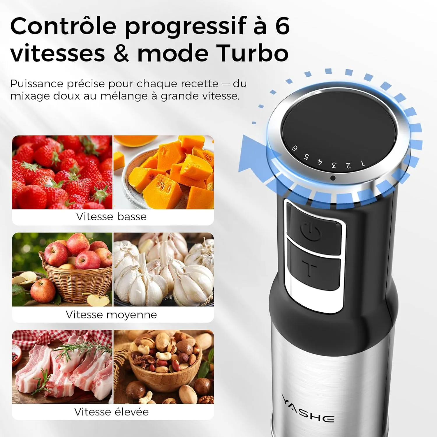 YASHE Mixeur Plongeant 5-en-1 1000W 6 vitesses