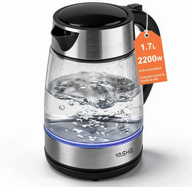 YASHE Bouilloire Électrique Verre 1,7L 2200W LED Bleue