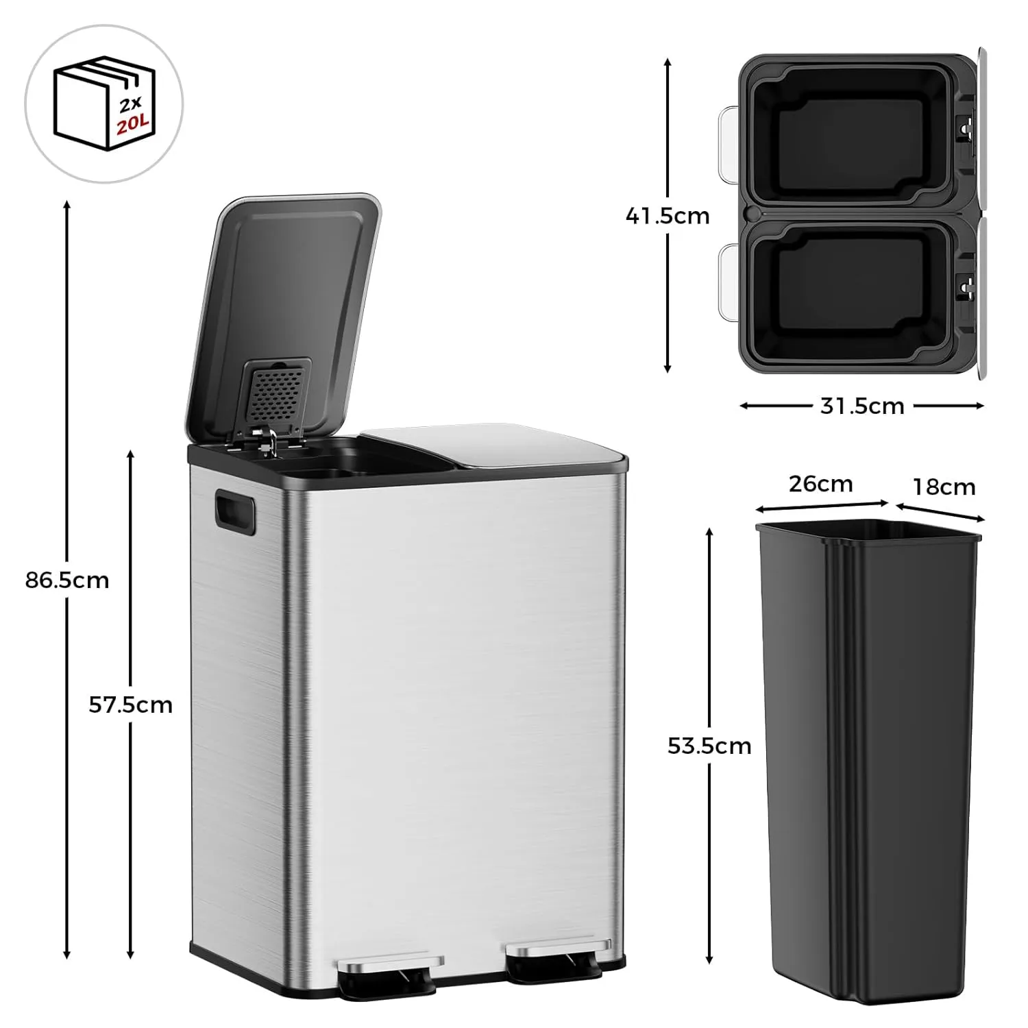 YASHE Poubelle Double 2x20L poubelle cuisine inox tri sélectif